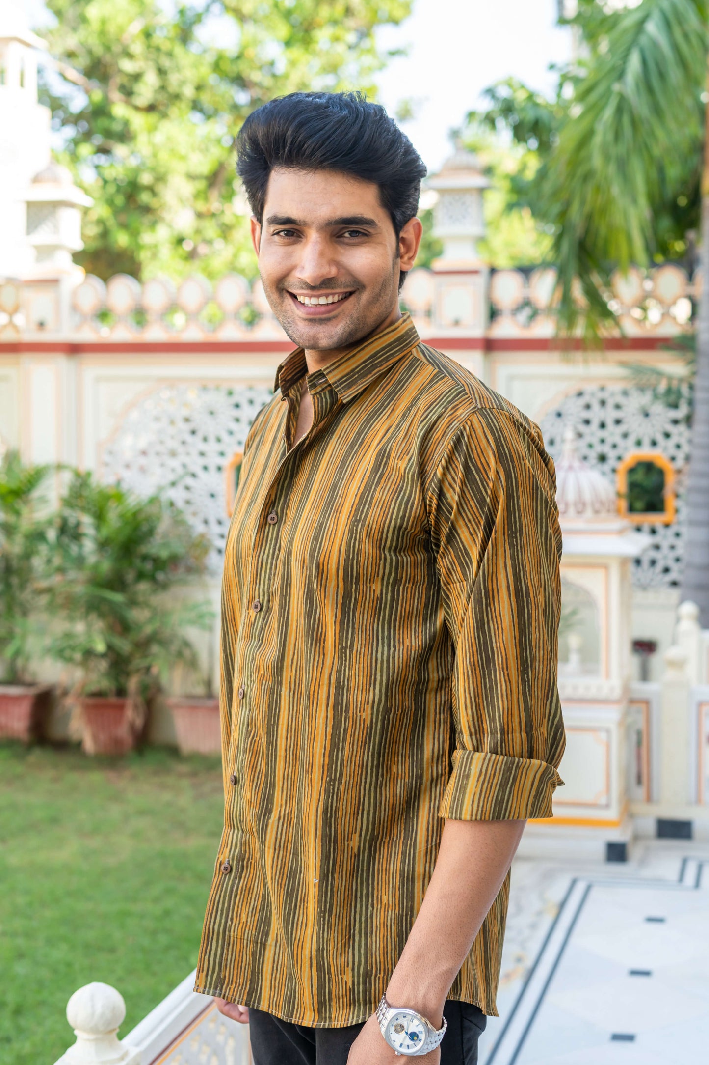 The Mustard And Olive Green Tribal Stripe Print Shirt