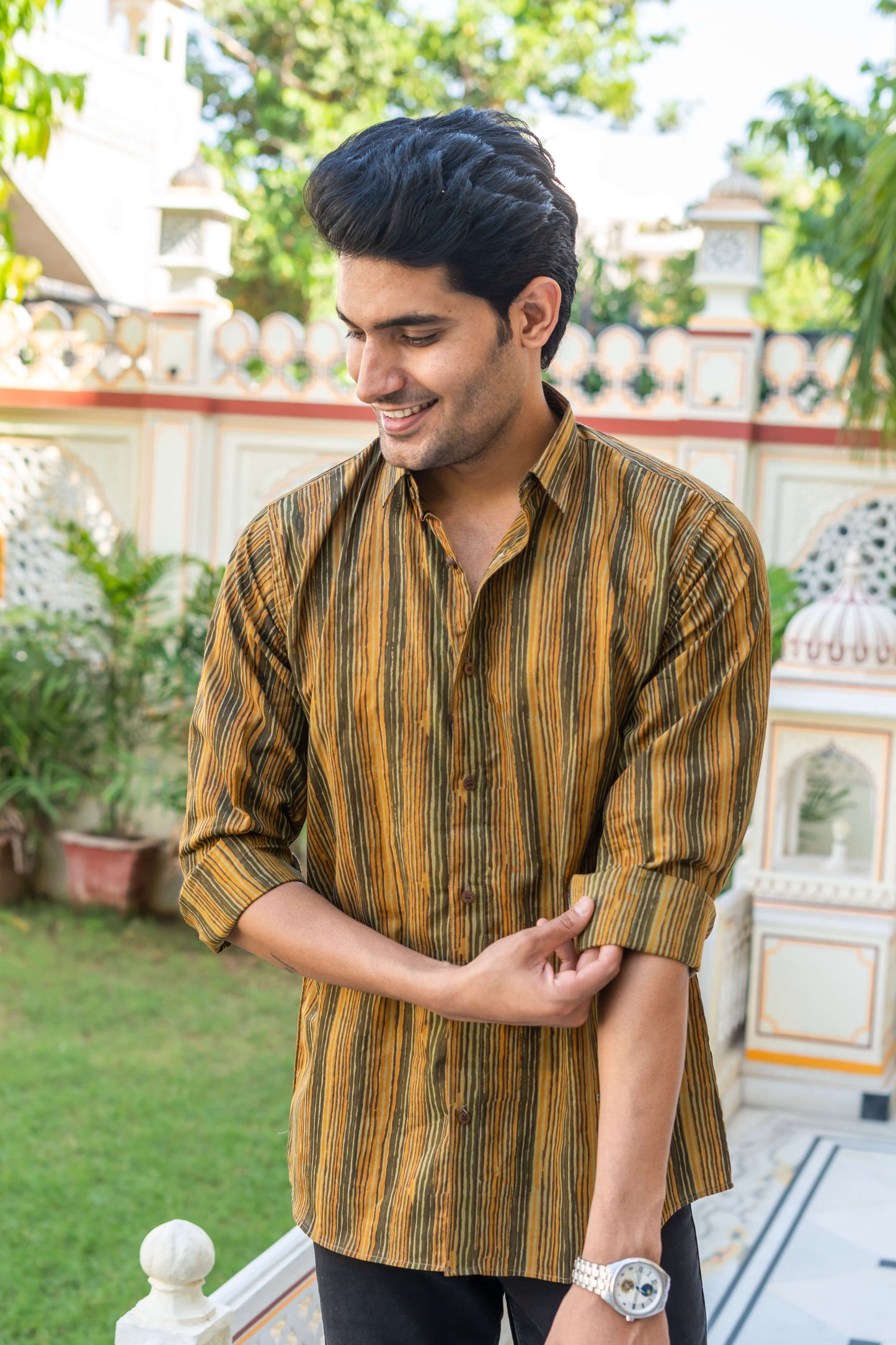 The Mustard And Olive Green Tribal Stripe Print Shirt