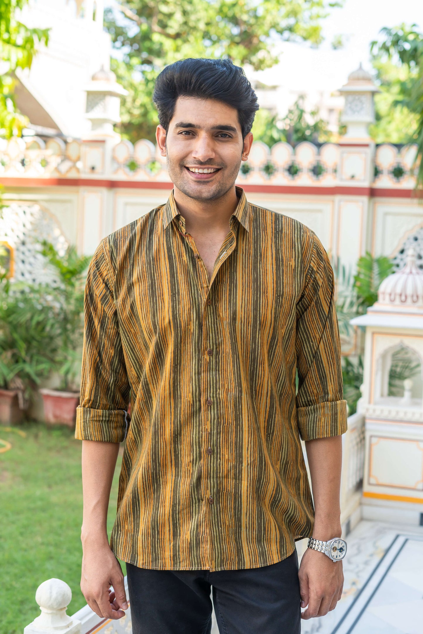 The Mustard And Olive Green Tribal Stripe Print Shirt