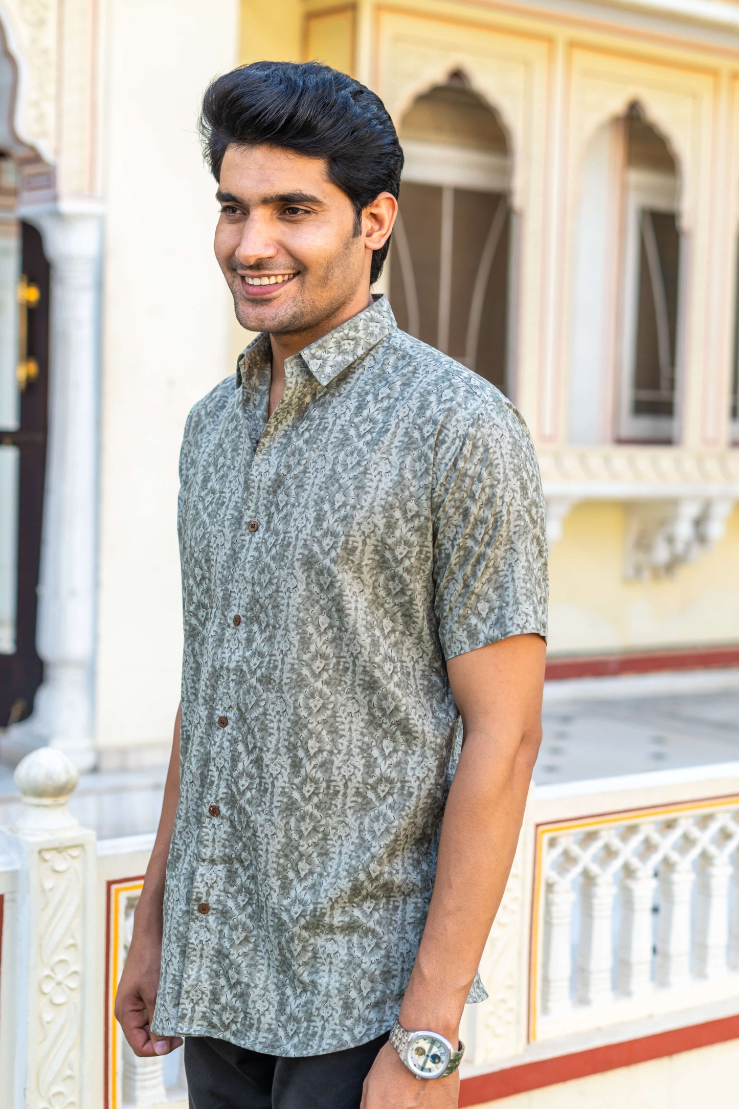 The Grey Tribal-Floral Print Half Sleeves Shirt