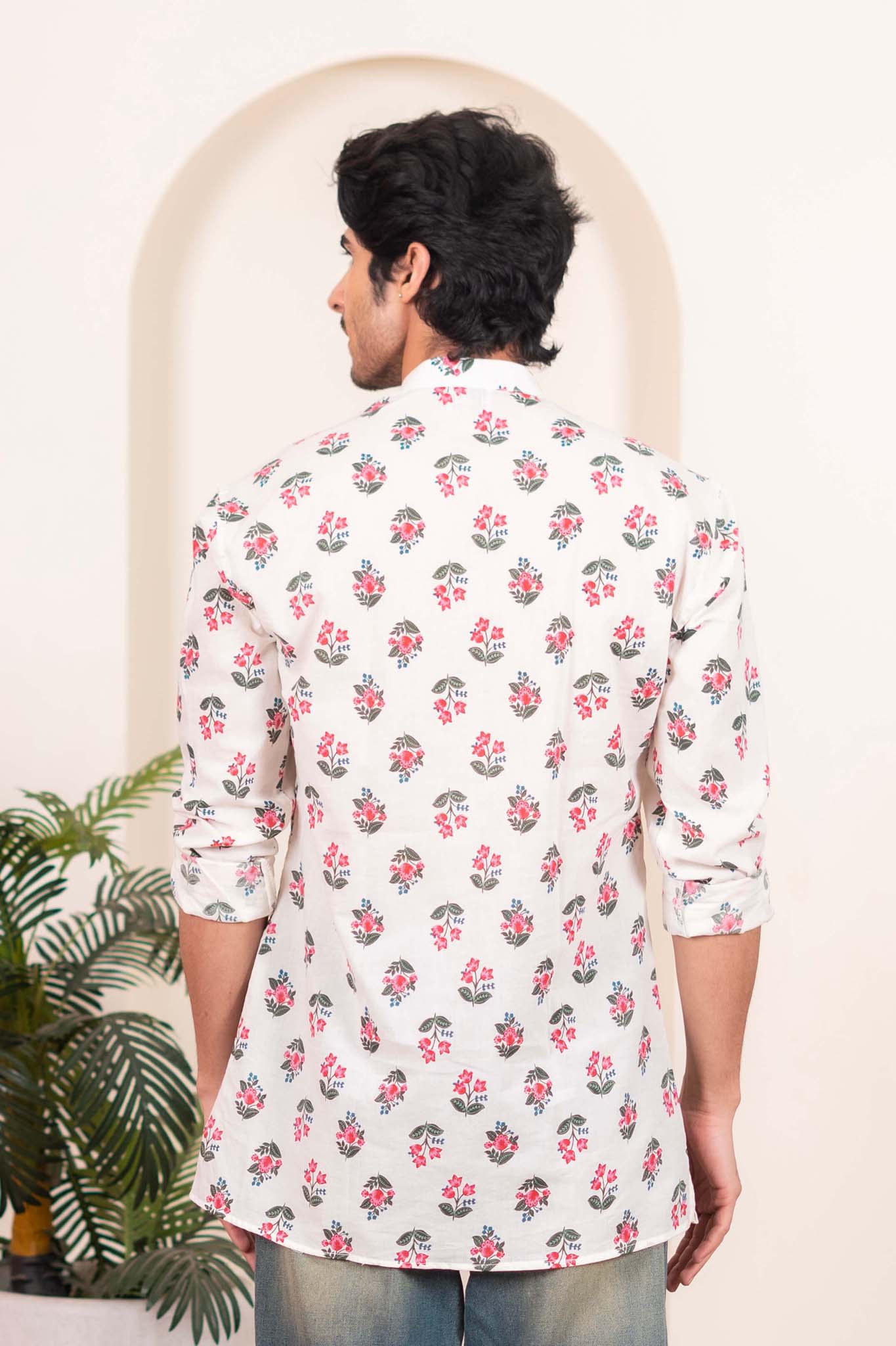 The White Short Kurta with Leaf and Flower Print