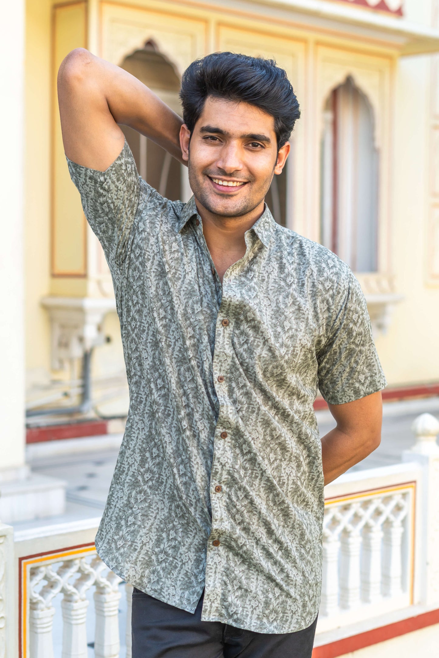 The Grey Tribal-Floral Print Half Sleeves Shirt