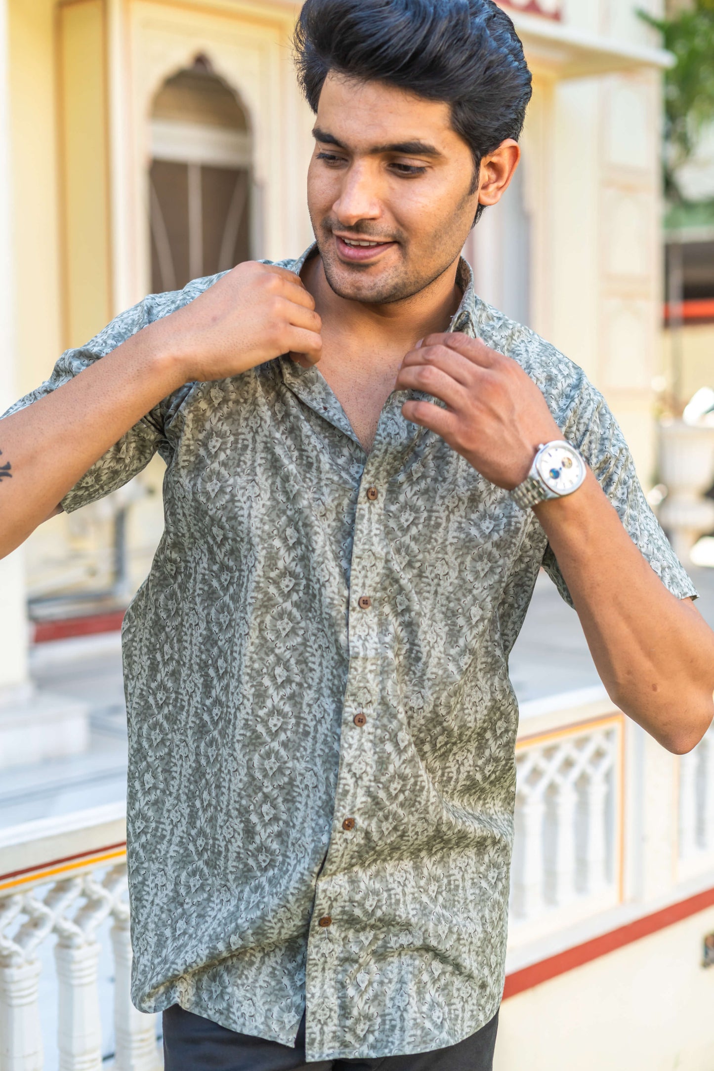 The Grey Tribal-Floral Print Half Sleeves Shirt