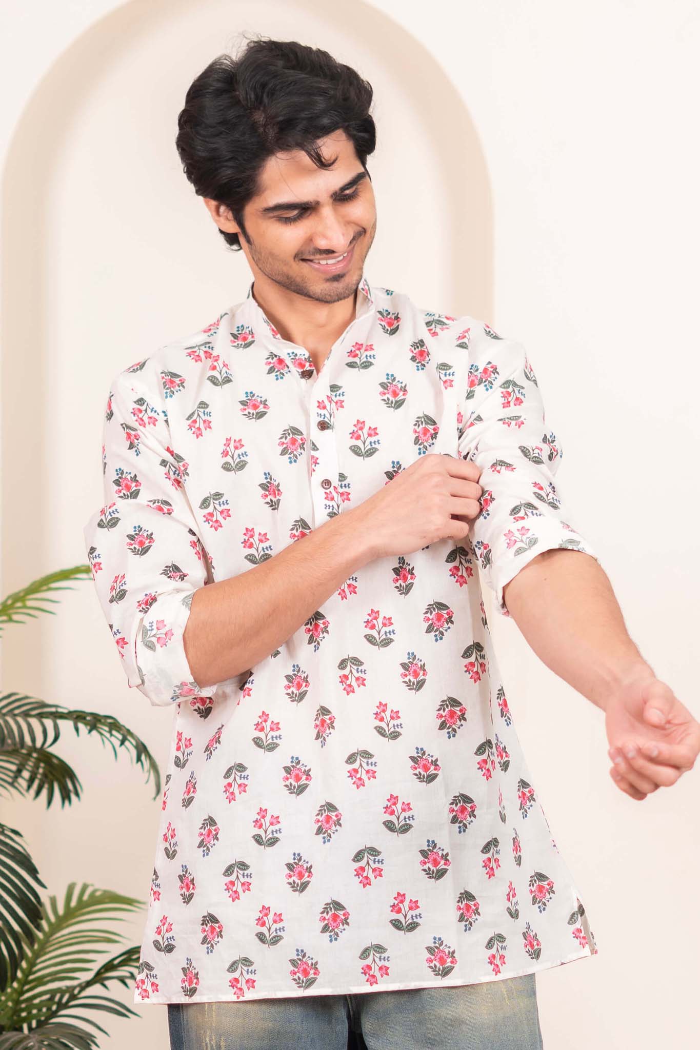 The White Short Kurta with Leaf and Flower Print