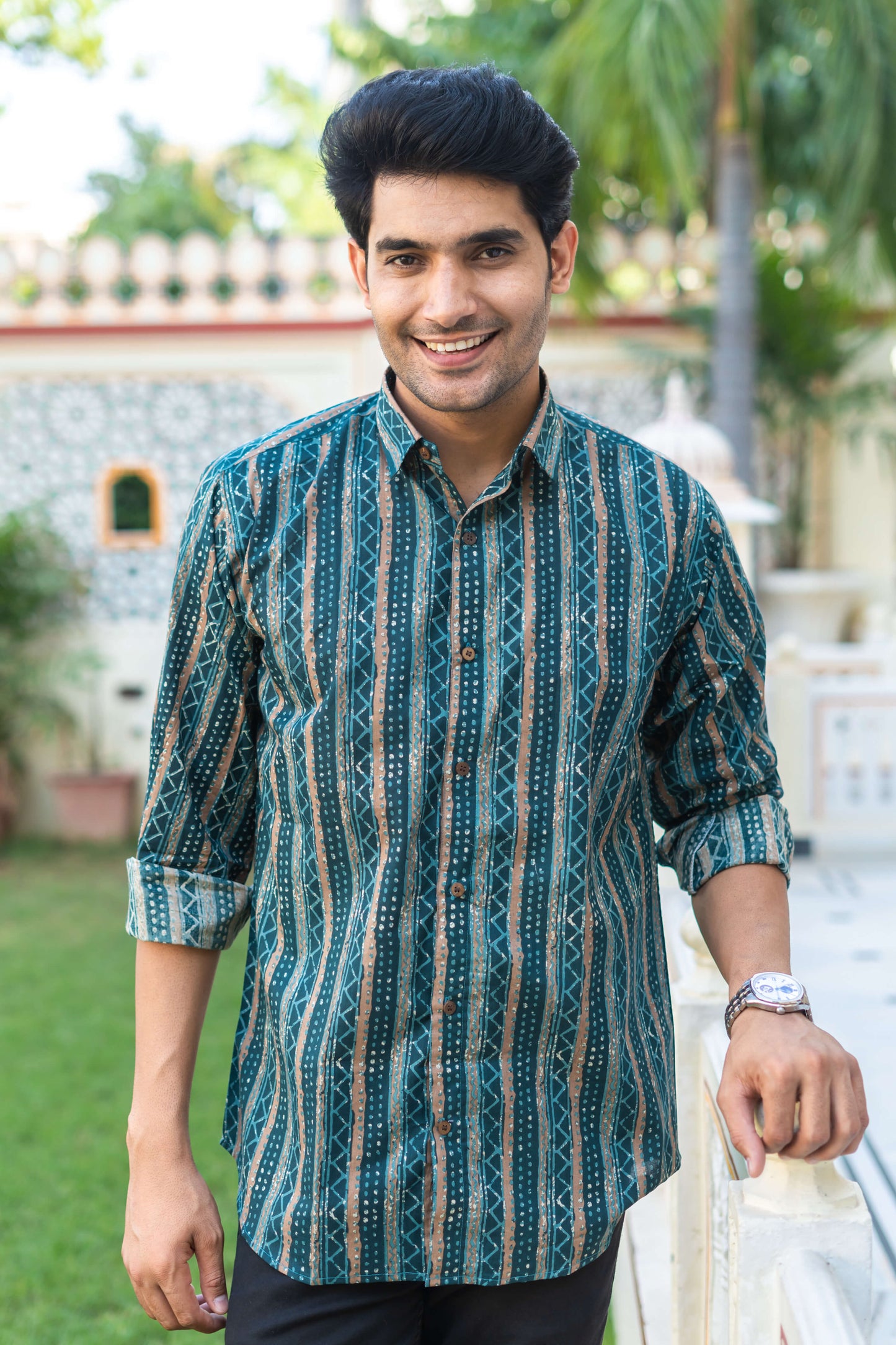 The Dark Green And Brown Tribal Stripe Print Shirt