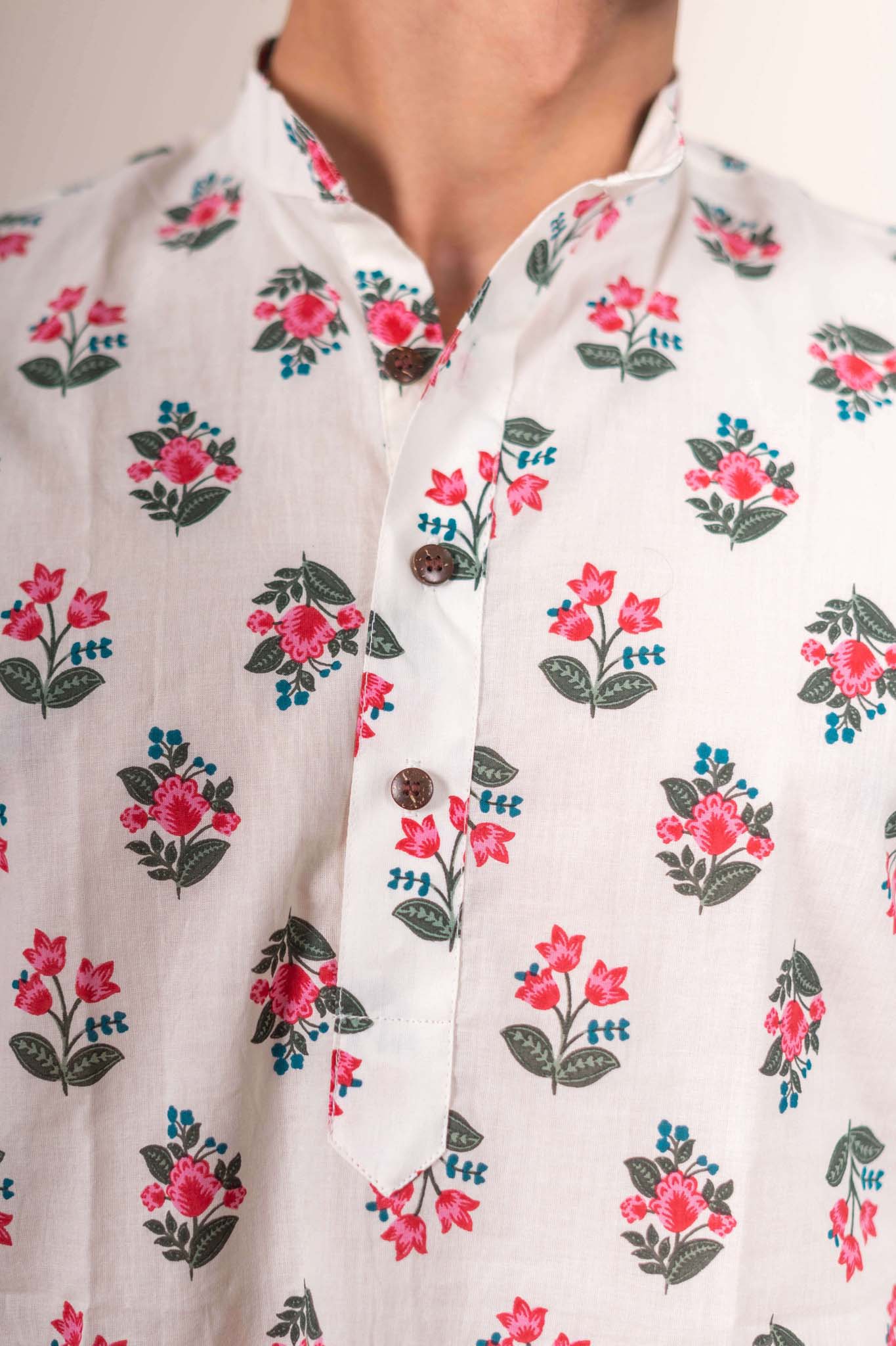 The White Short Kurta with Leaf and Flower Print