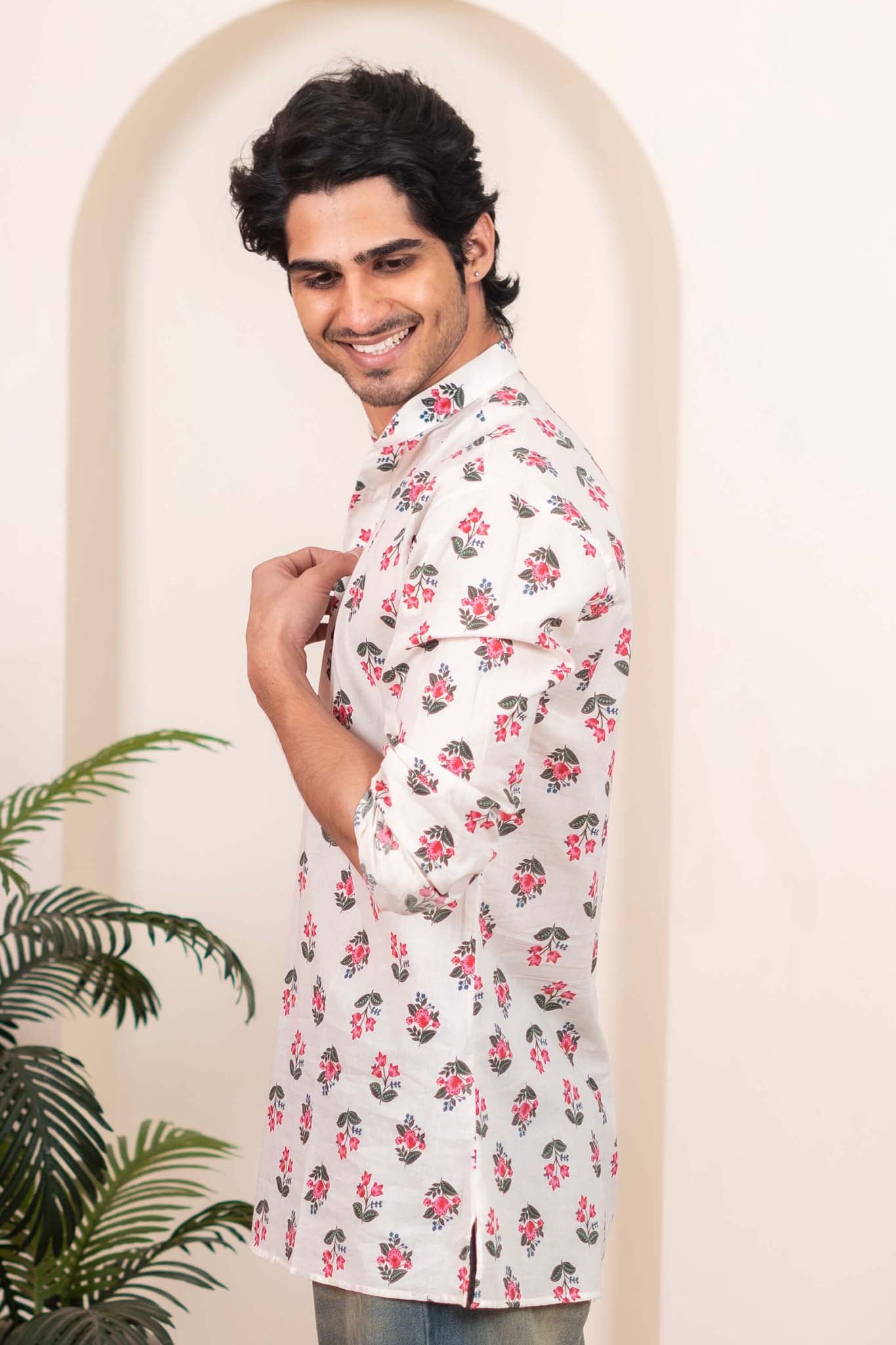 The White Short Kurta with Leaf and Flower Print