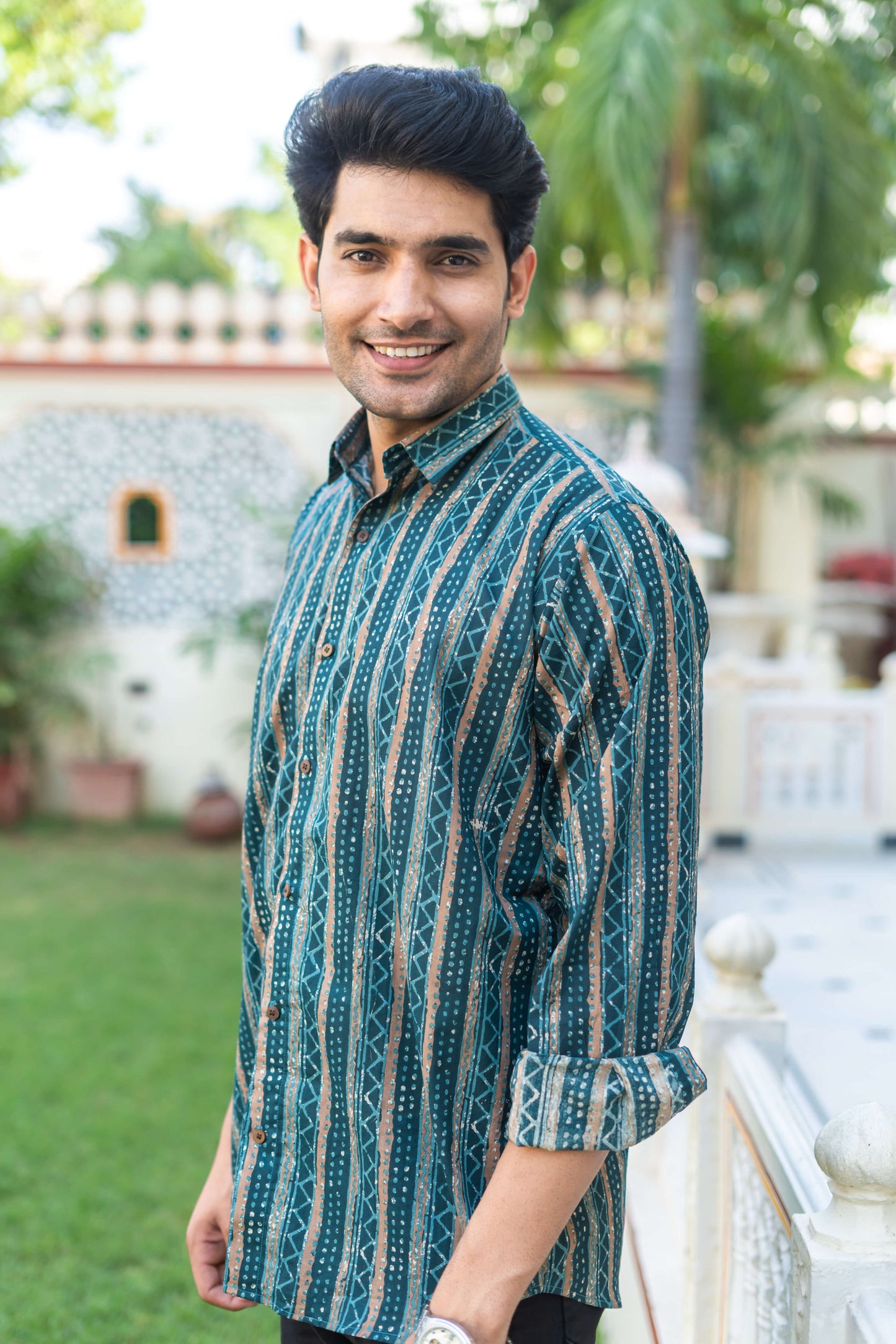 The Dark Green And Brown Tribal Stripe Print Shirt