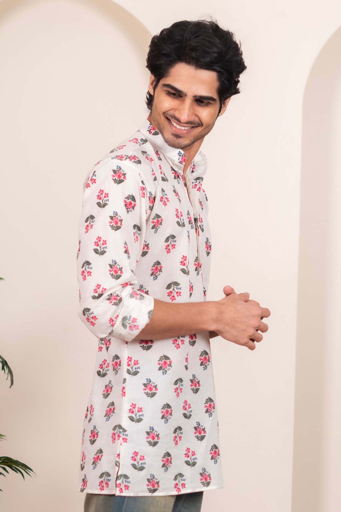 The White Short Kurta with Leaf and Flower Print