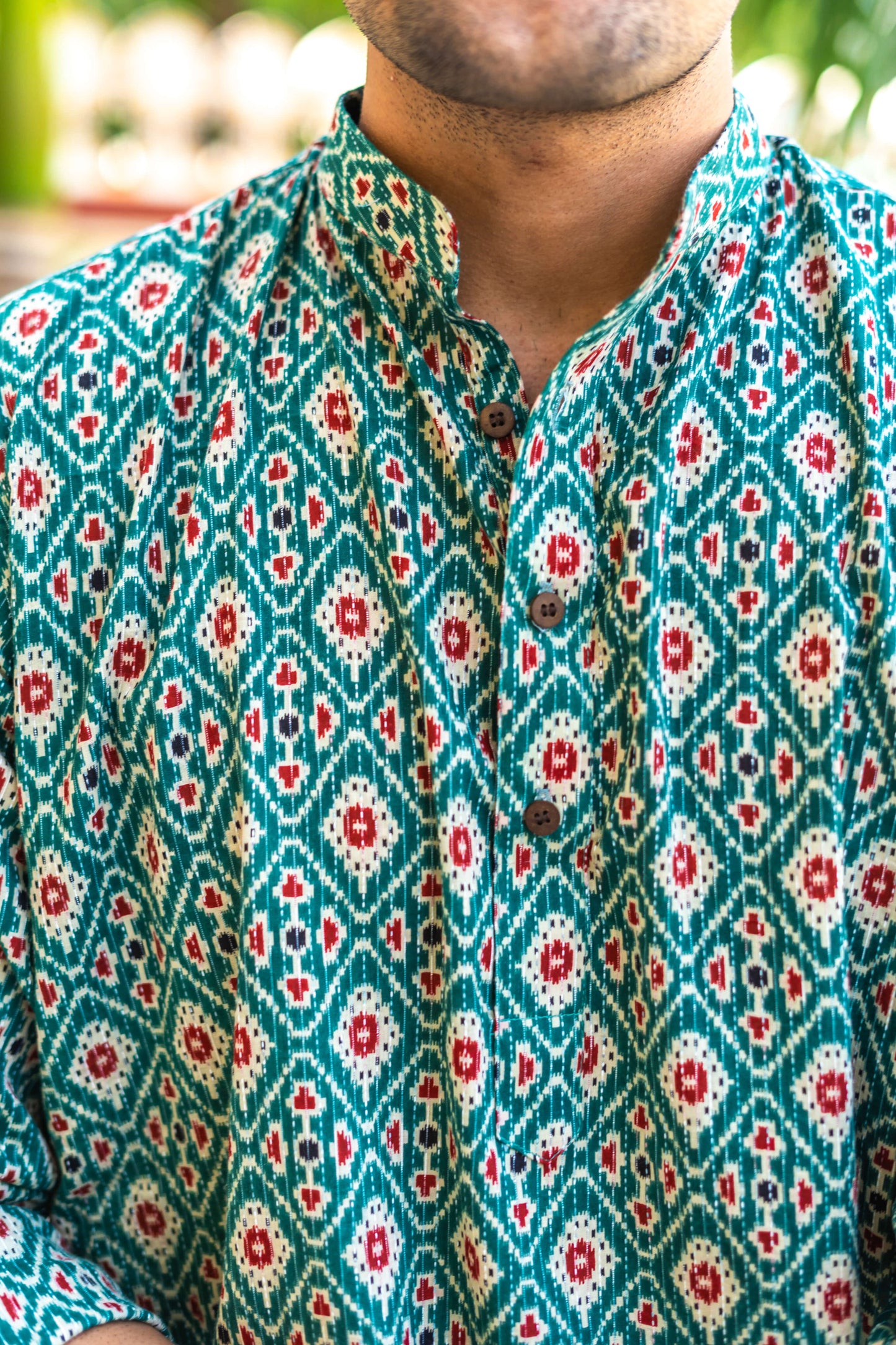 The Traditional Green Kantha Work Geometric Print Short Kurta