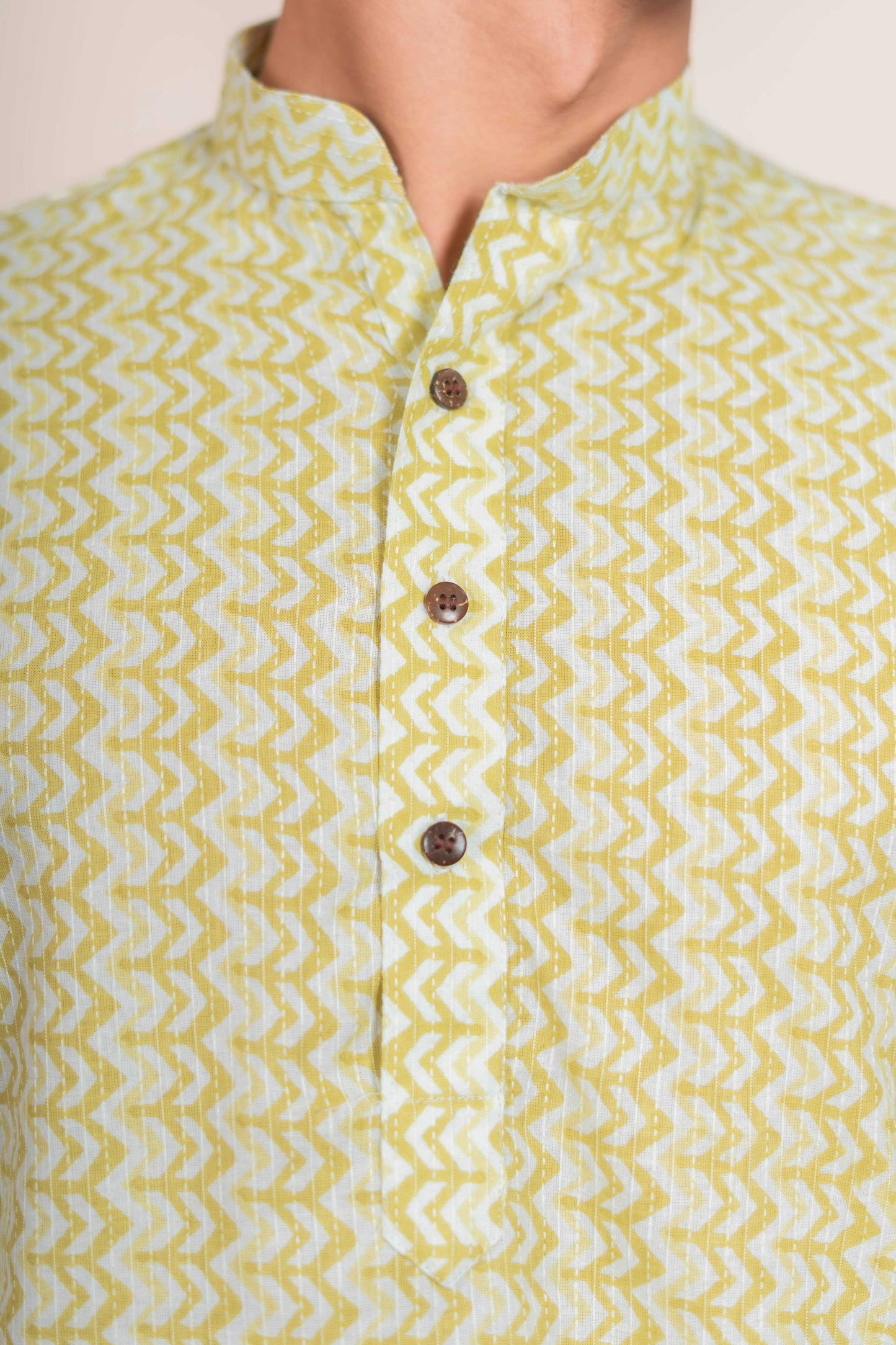 The White Kantha Work Short Kurta with Volt Green Chevron Print