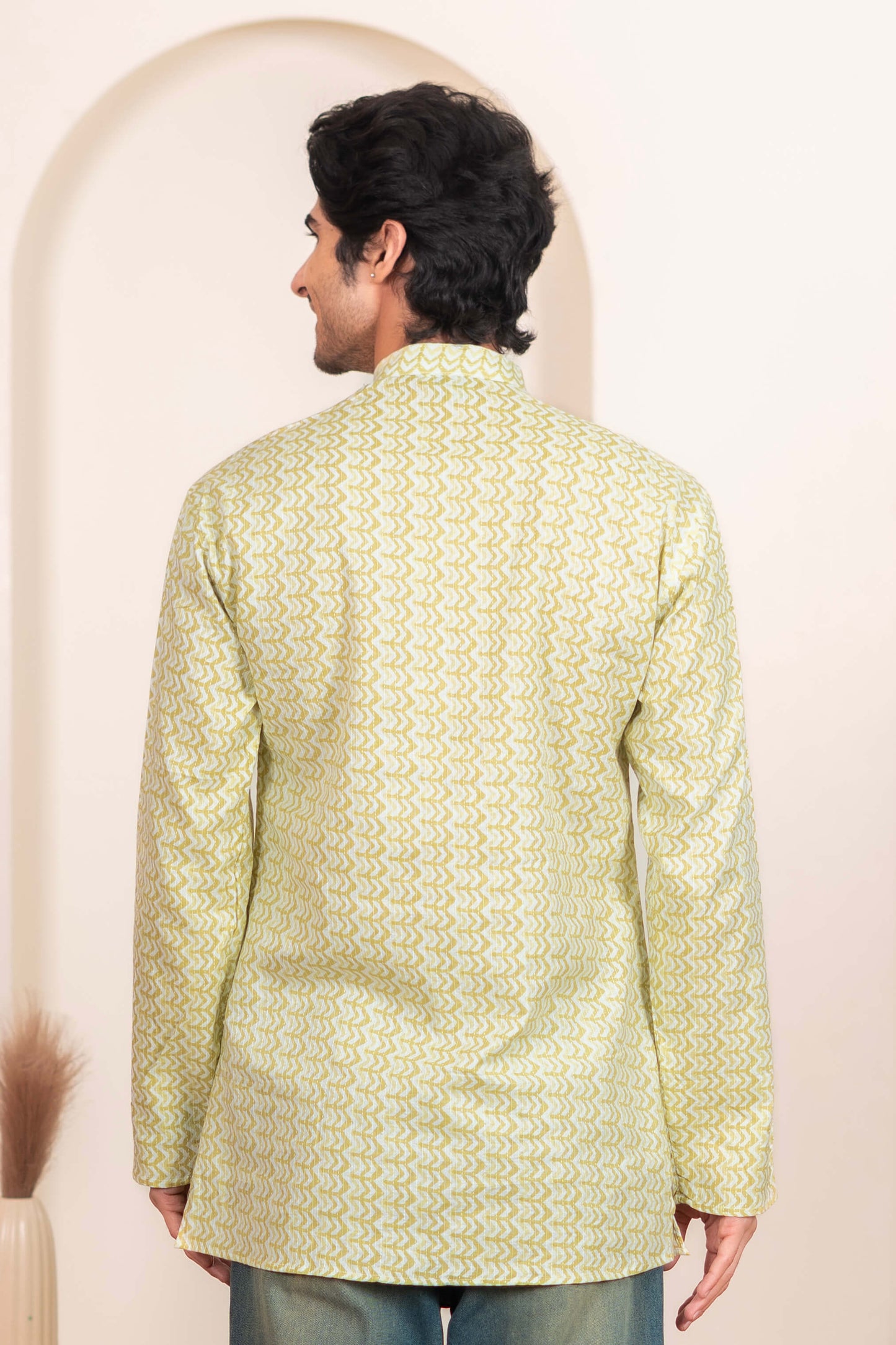 The White Kantha Work Short Kurta with Volt Green Chevron Print