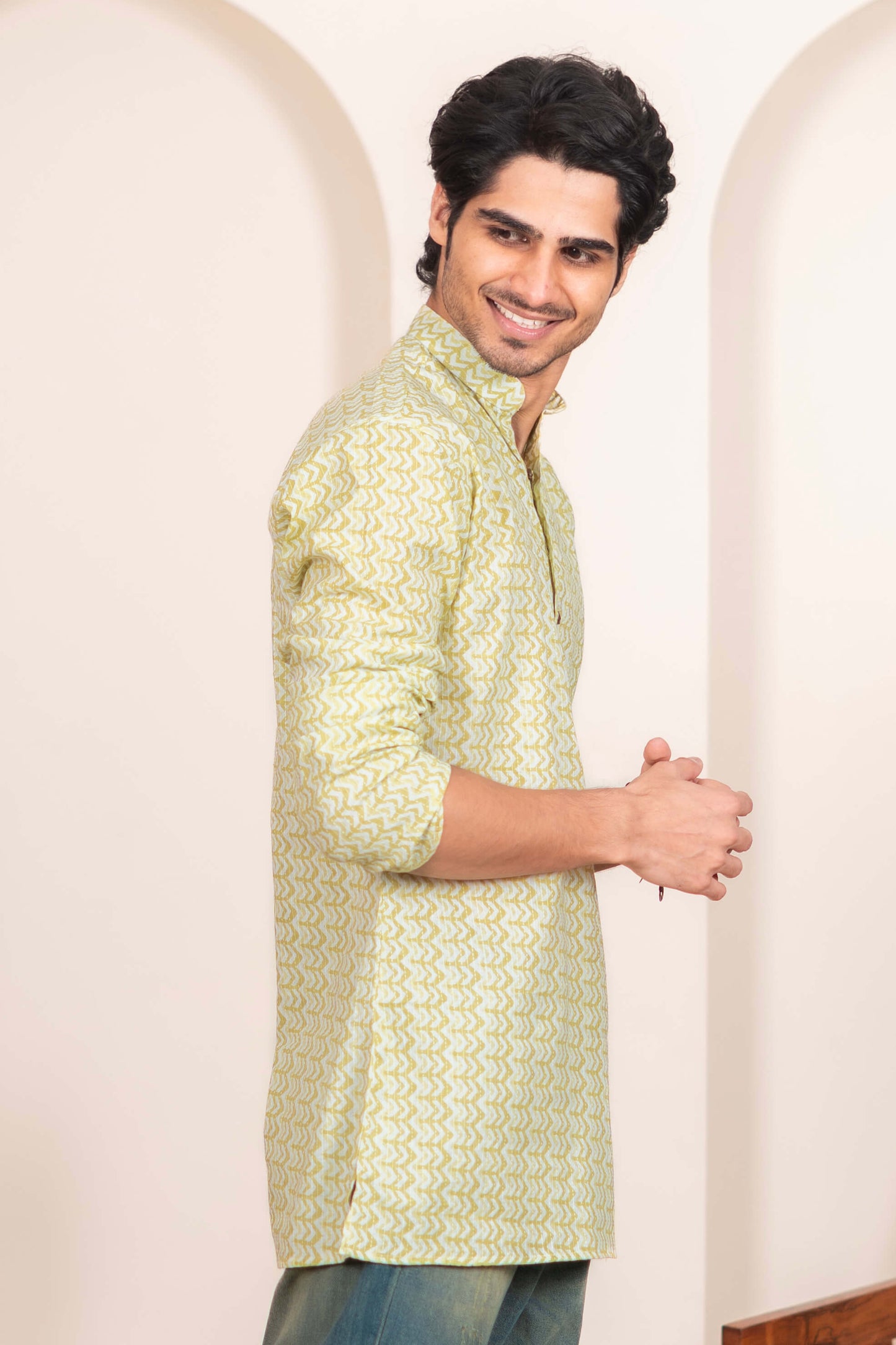 The White Kantha Work Short Kurta with Volt Green Chevron Print