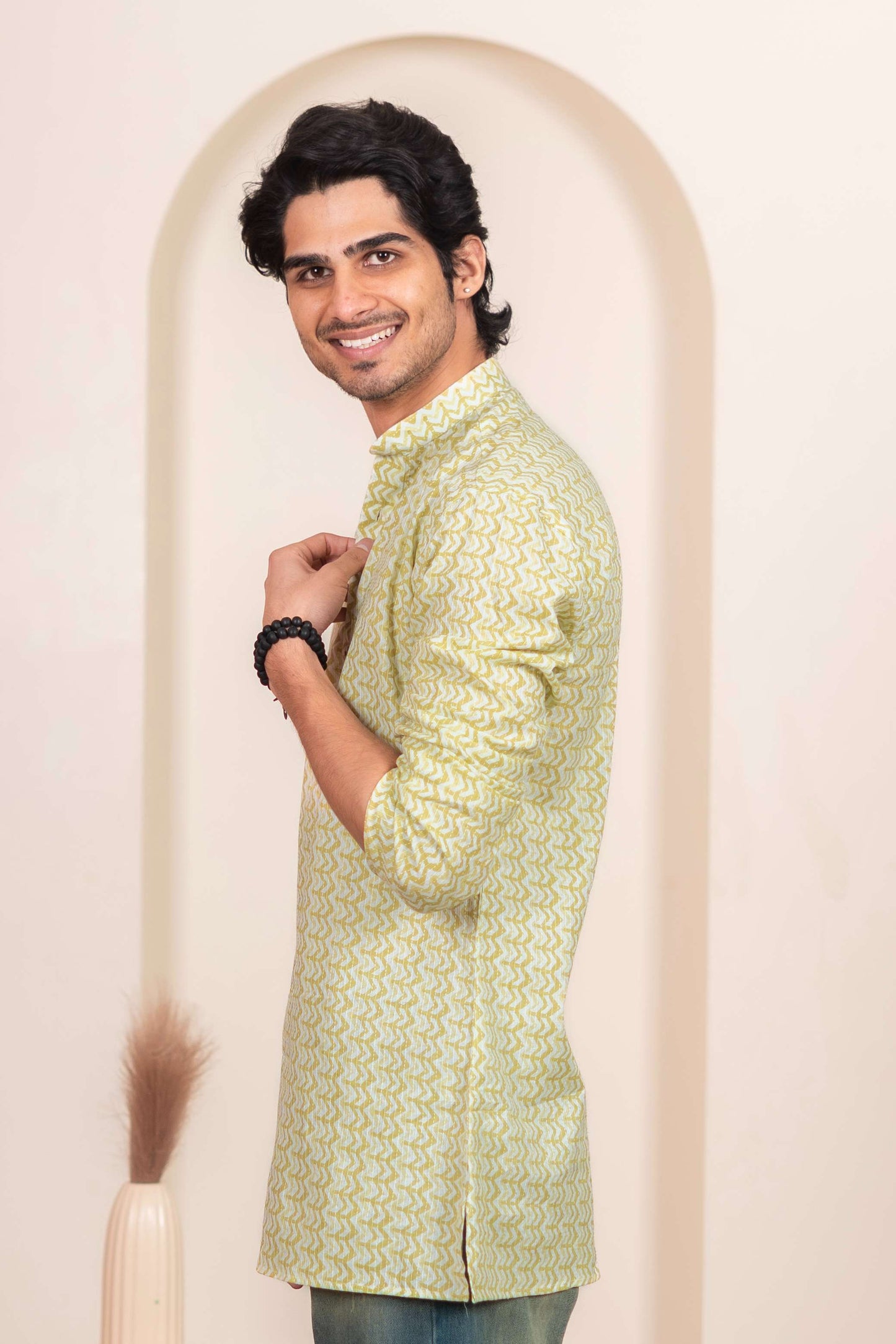 The White Kantha Work Short Kurta with Volt Green Chevron Print