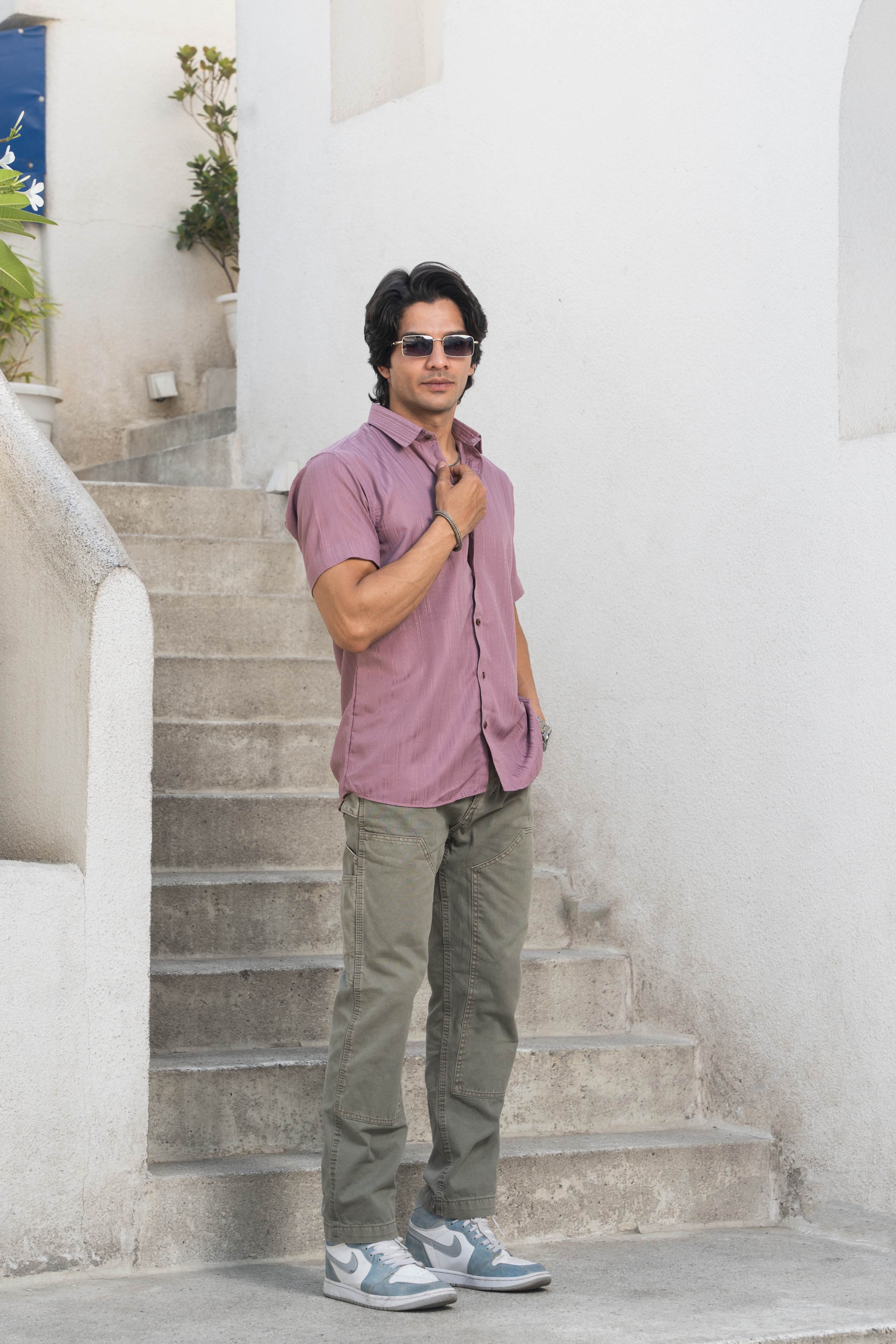 The Light Purple Self Work Half Sleeves Shirt