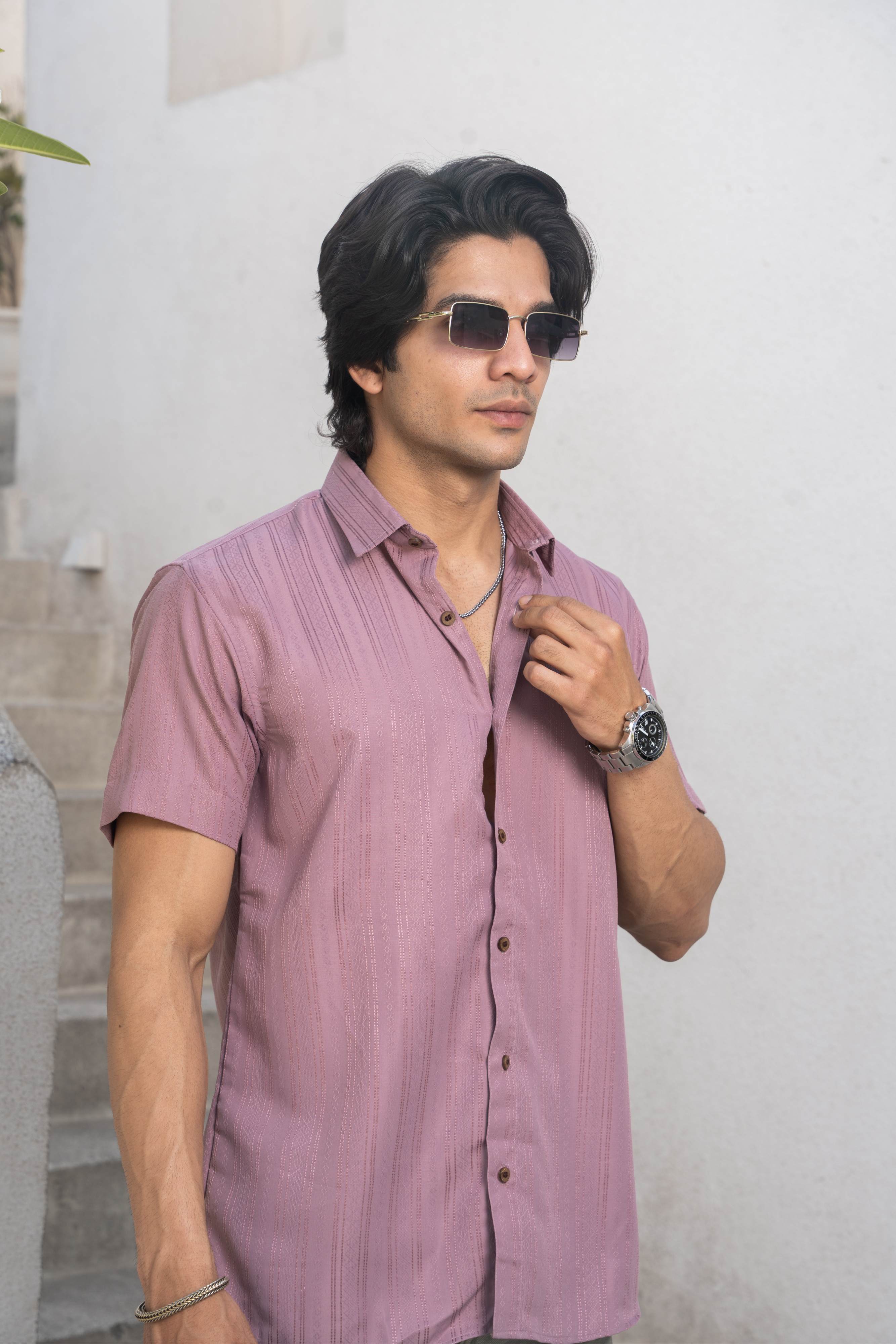 The Light Purple Self Work Half Sleeves Shirt