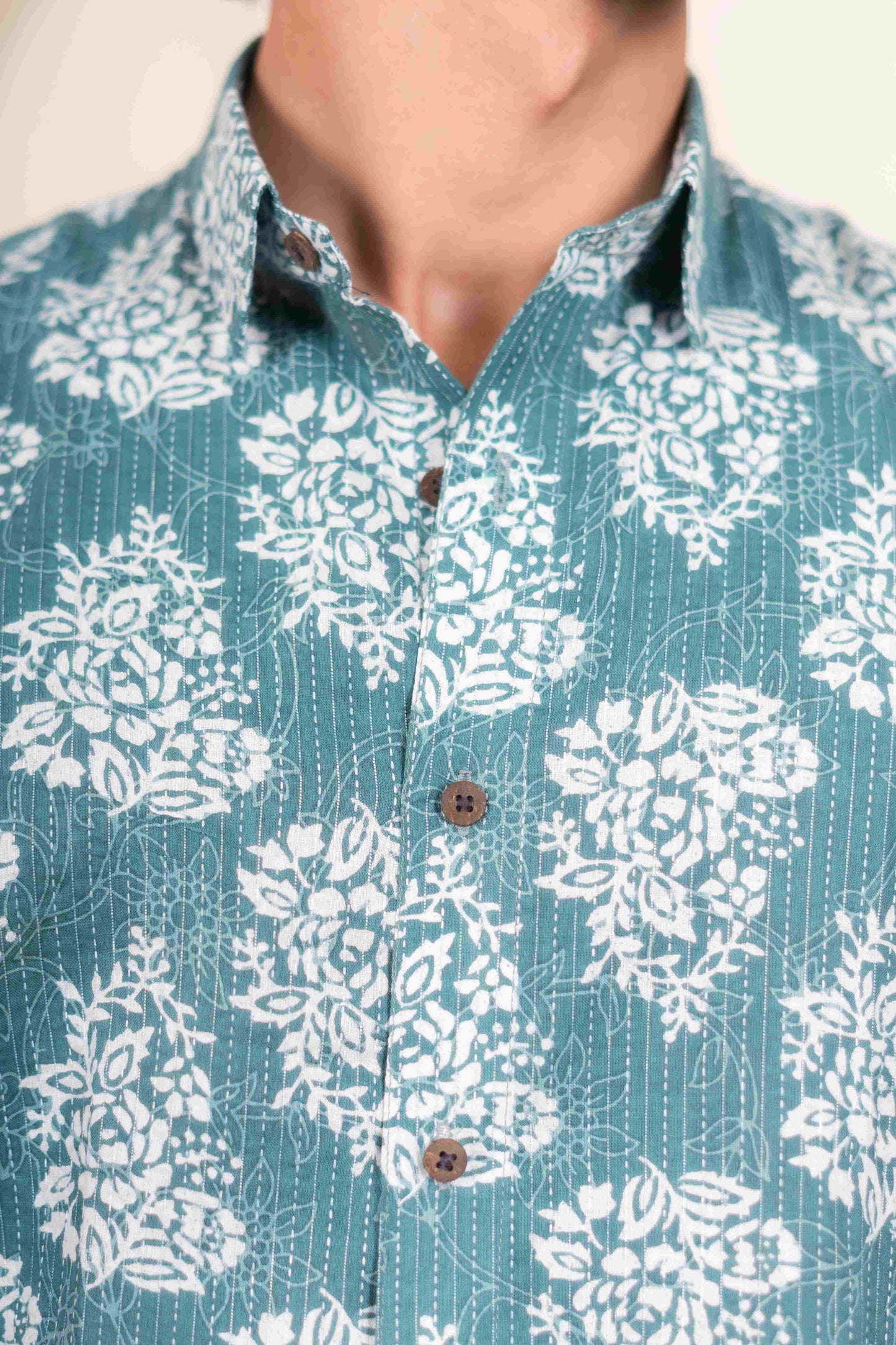 The Mineral Green Half Sleeves Kantha Work Shirt With White Floral Print