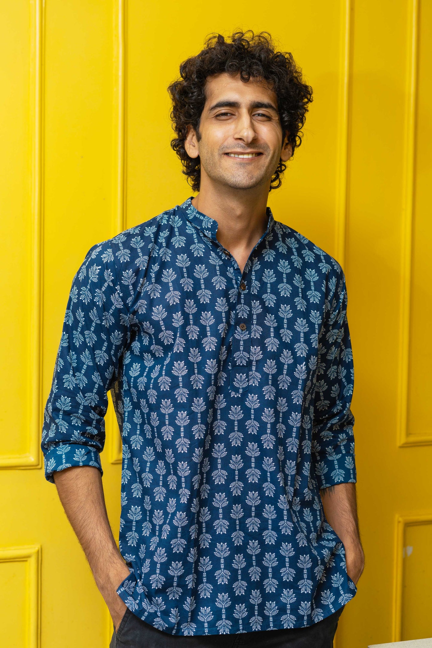The Navy Blue Short Kurta With White Tribal Print