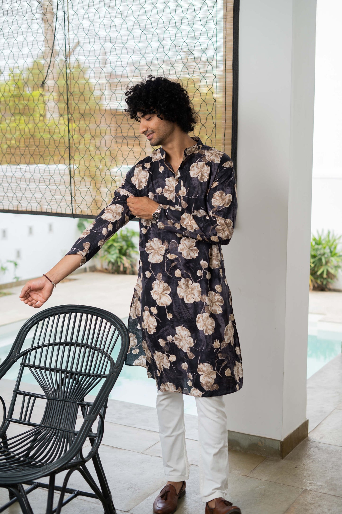 purple long kurta for men with floral print