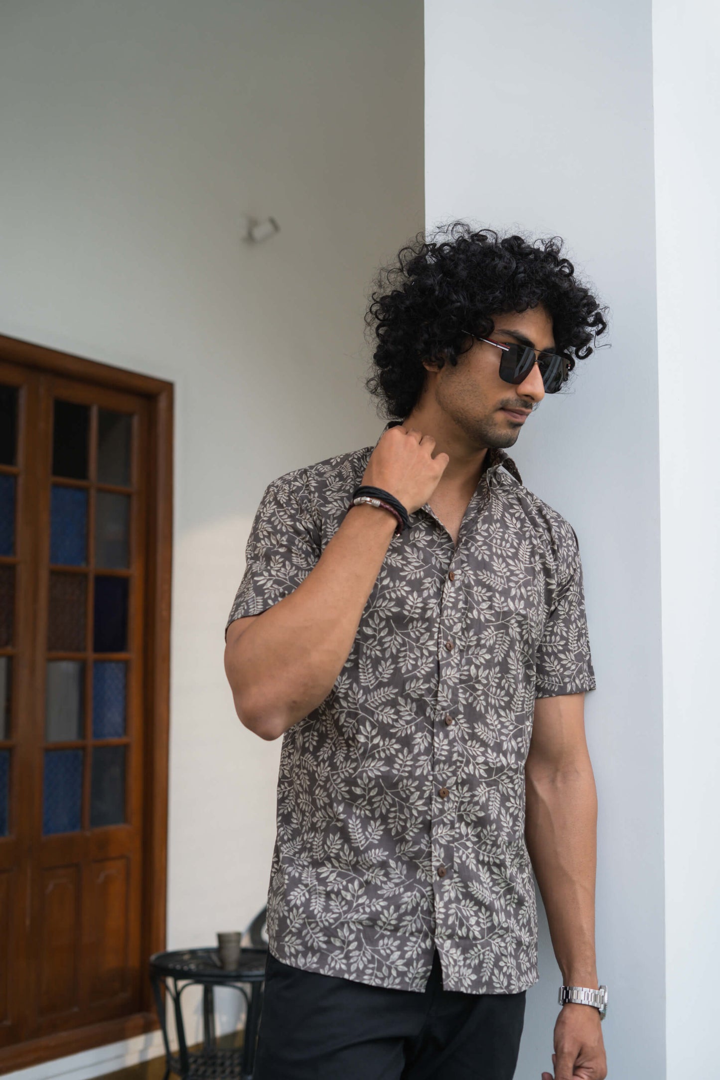 The Dark Grey All-Over Floral Print Shirt (Half Sleeves)
