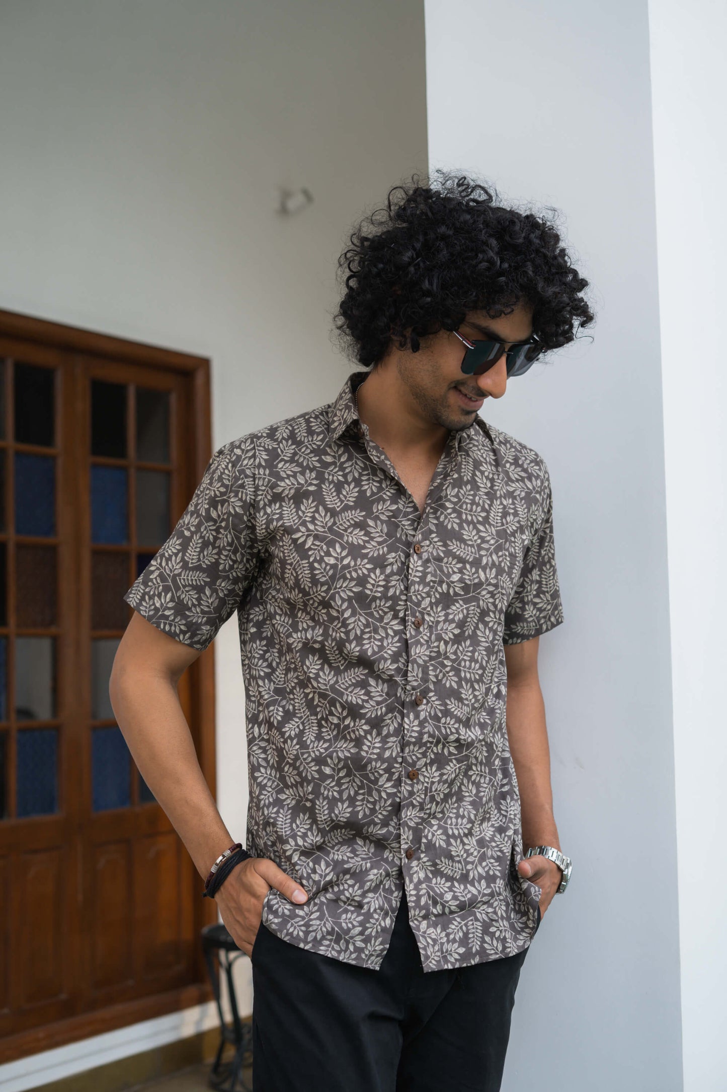 The Dark Grey All-Over Floral Print Shirt (Half Sleeves)
