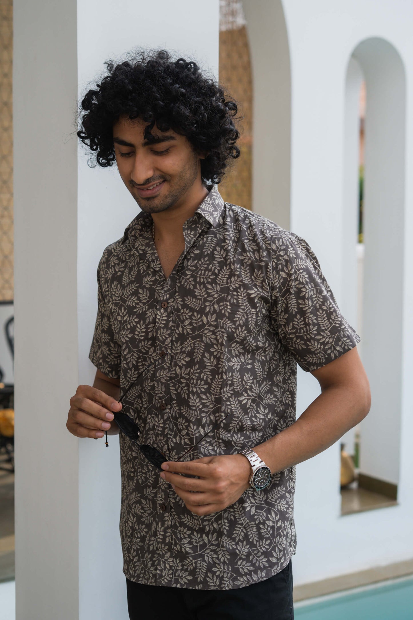 The Dark Grey All-Over Floral Print Shirt (Half Sleeves)