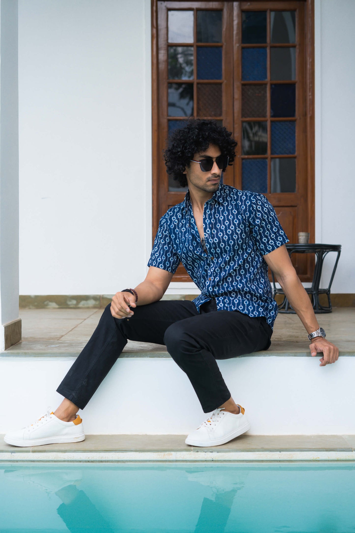 Navy blue shirt for men with dot print: shasak clothing