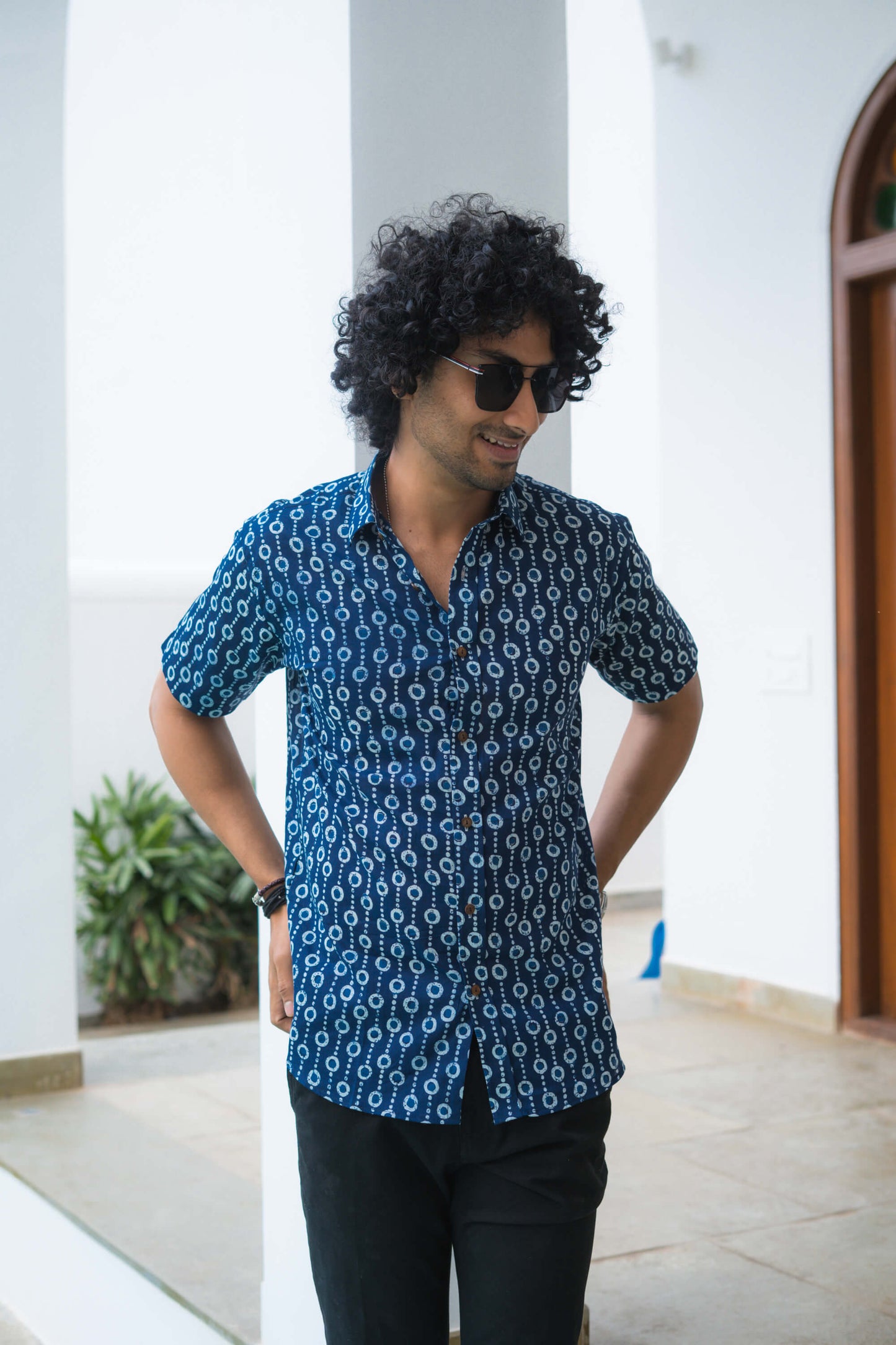 The Navy Blue Shirt With Tribal Dot Print (Half Sleeves)