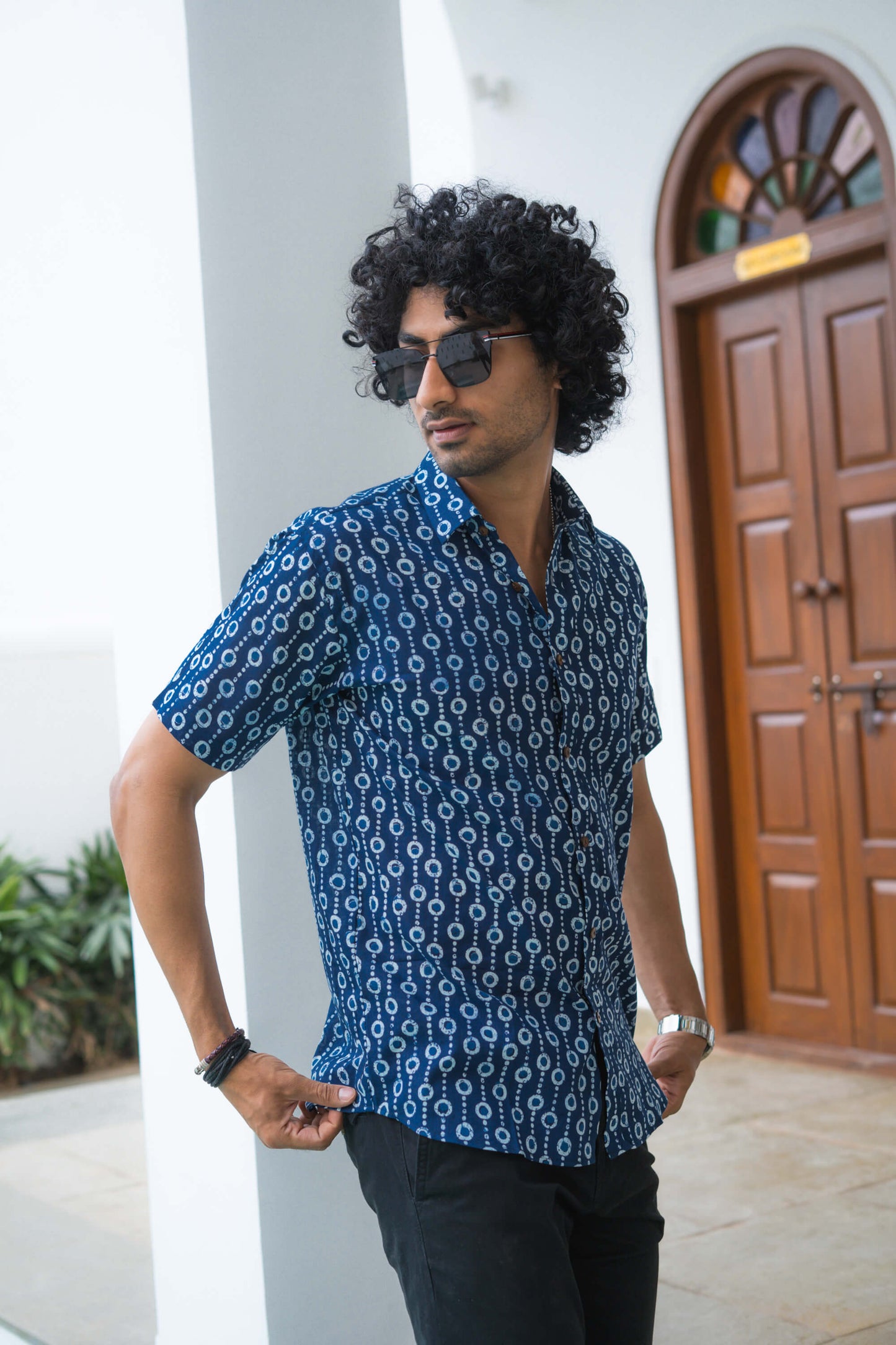 The Navy Blue Shirt With Tribal Dot Print (Half Sleeves)