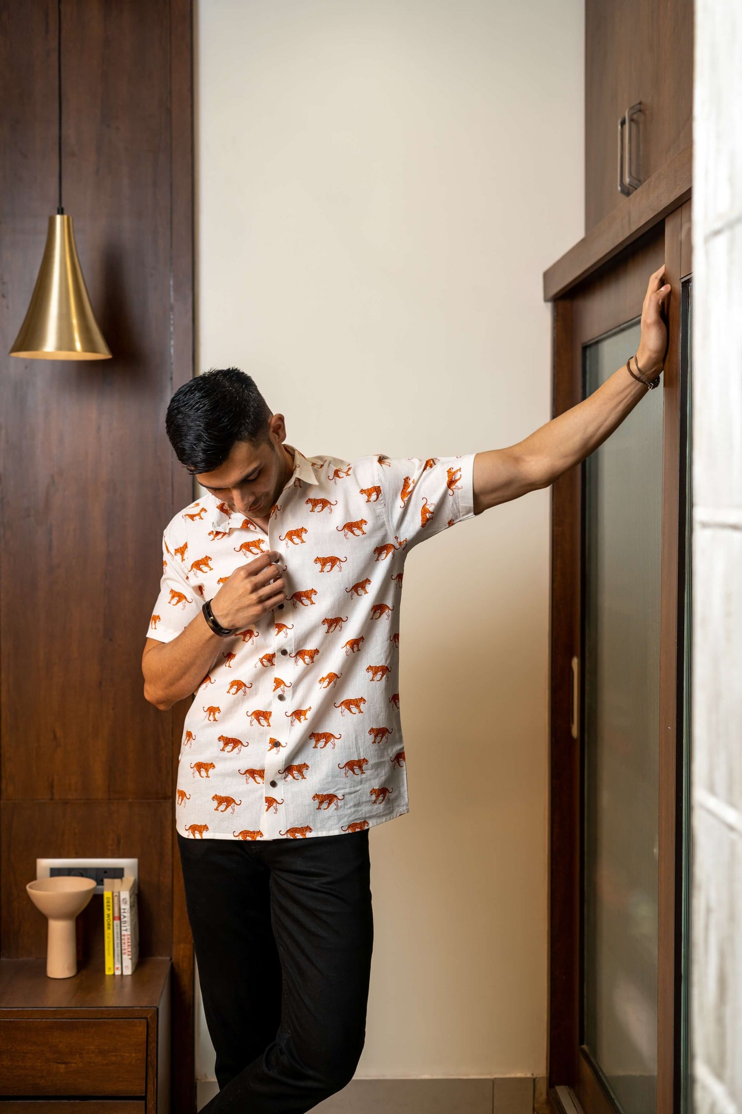 The White Color Tiger Print Shirt (Half Sleeves)