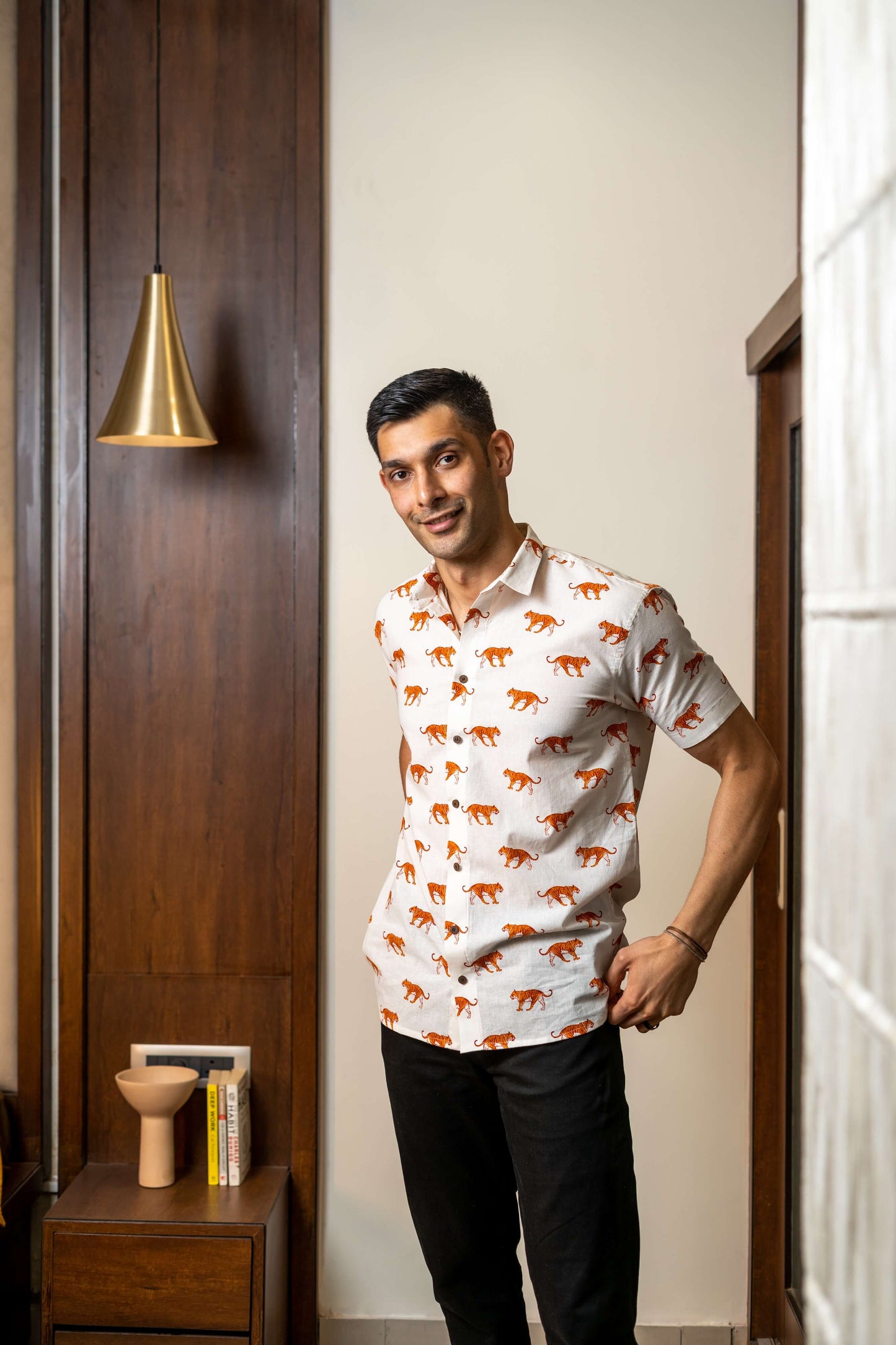 The White Color Tiger Print Shirt (Half Sleeves)