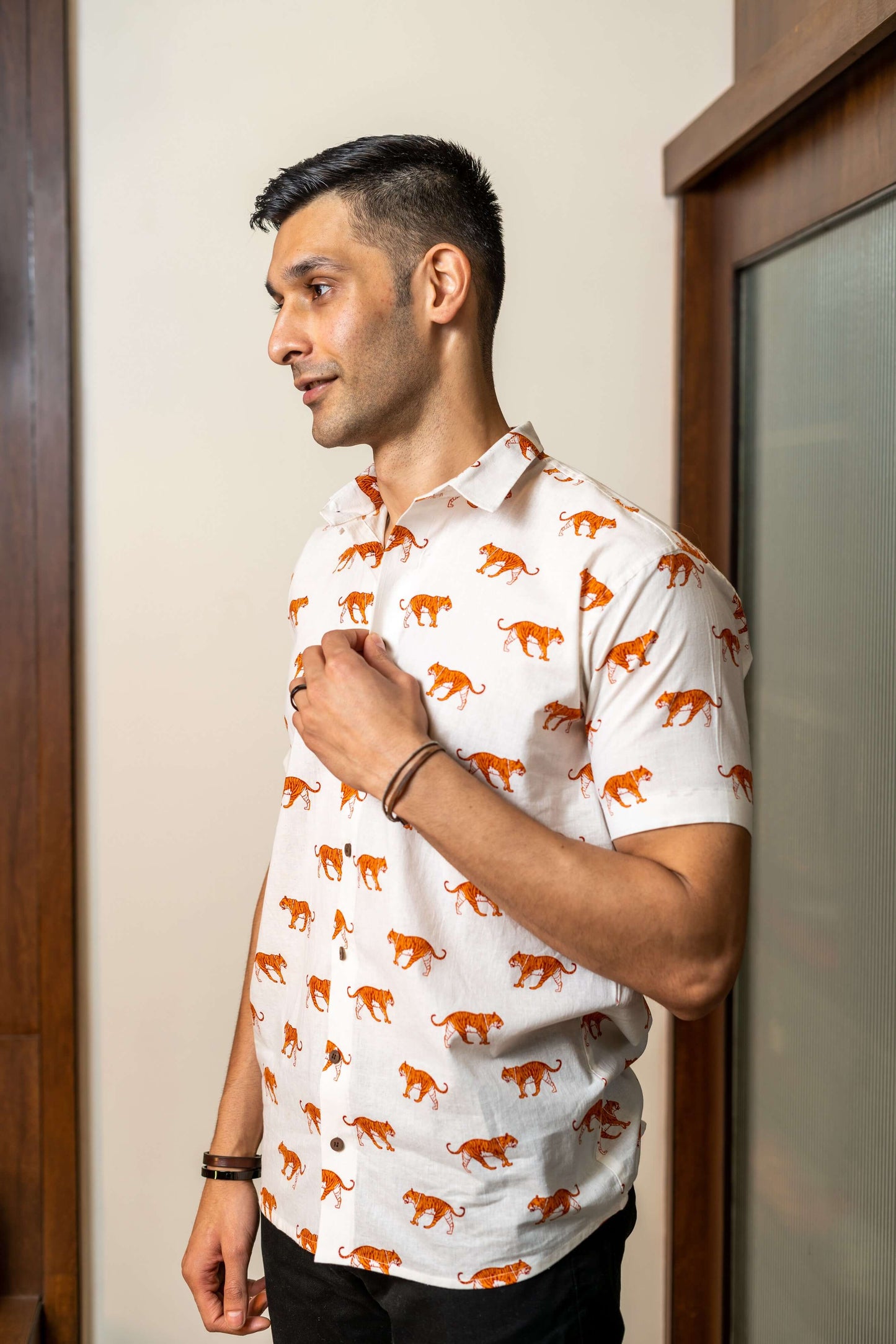 The White Color Tiger Print Shirt (Half Sleeves)