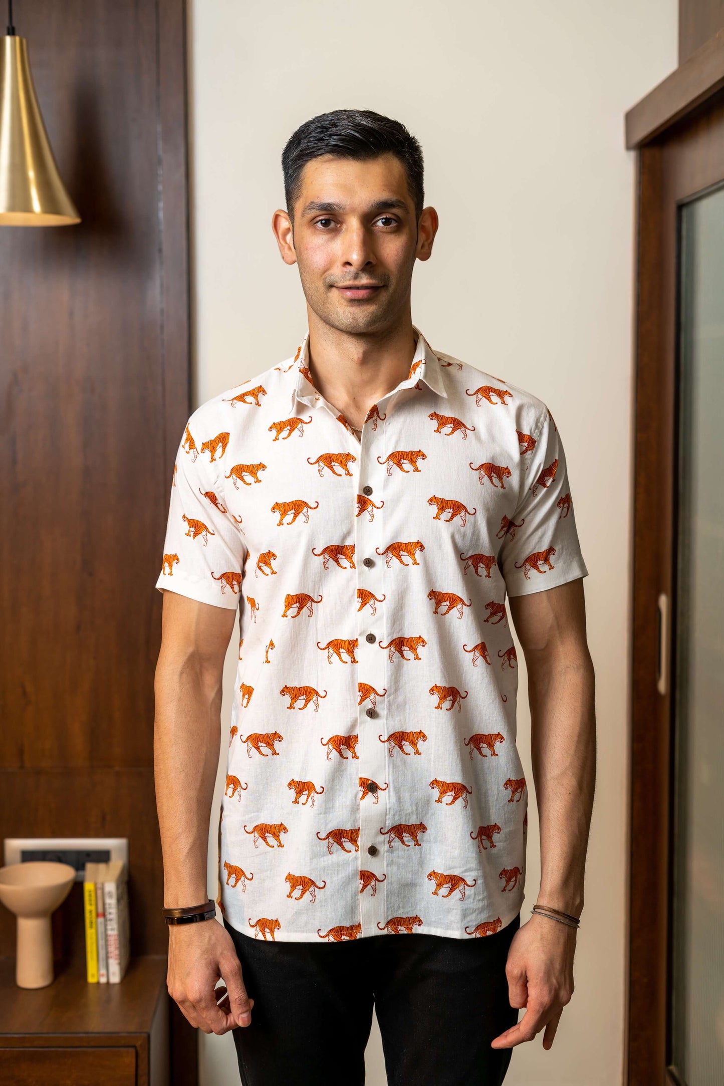 The White Color Tiger Print Shirt (Half Sleeves)