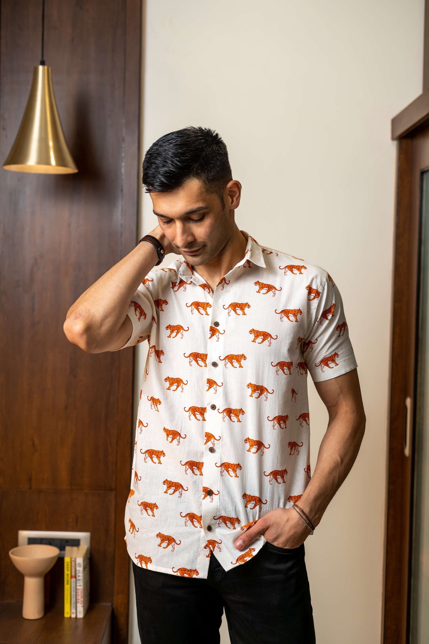 The White Color Tiger Print Shirt (Half Sleeves)