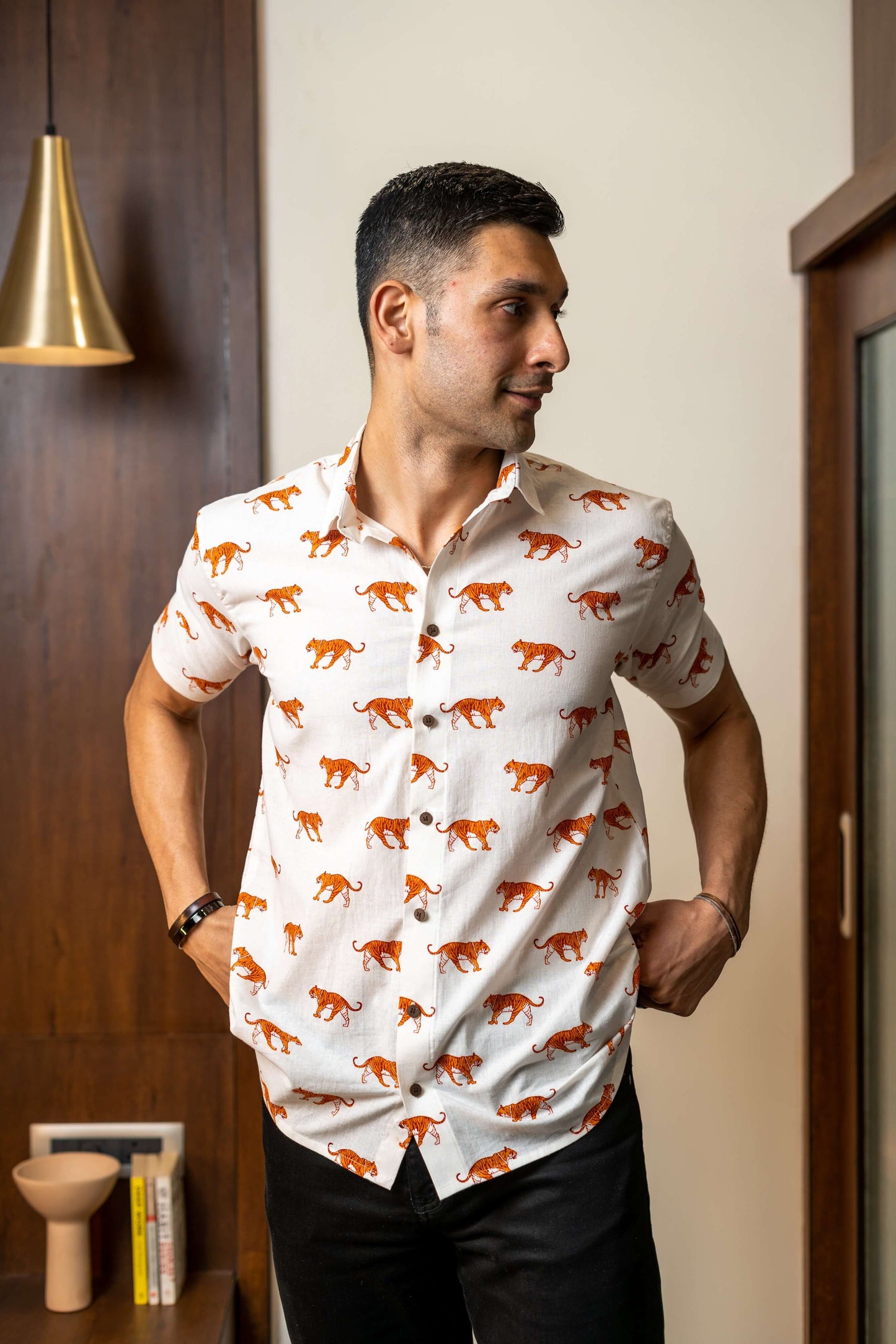 The White Color Tiger Print Shirt (Half Sleeves)