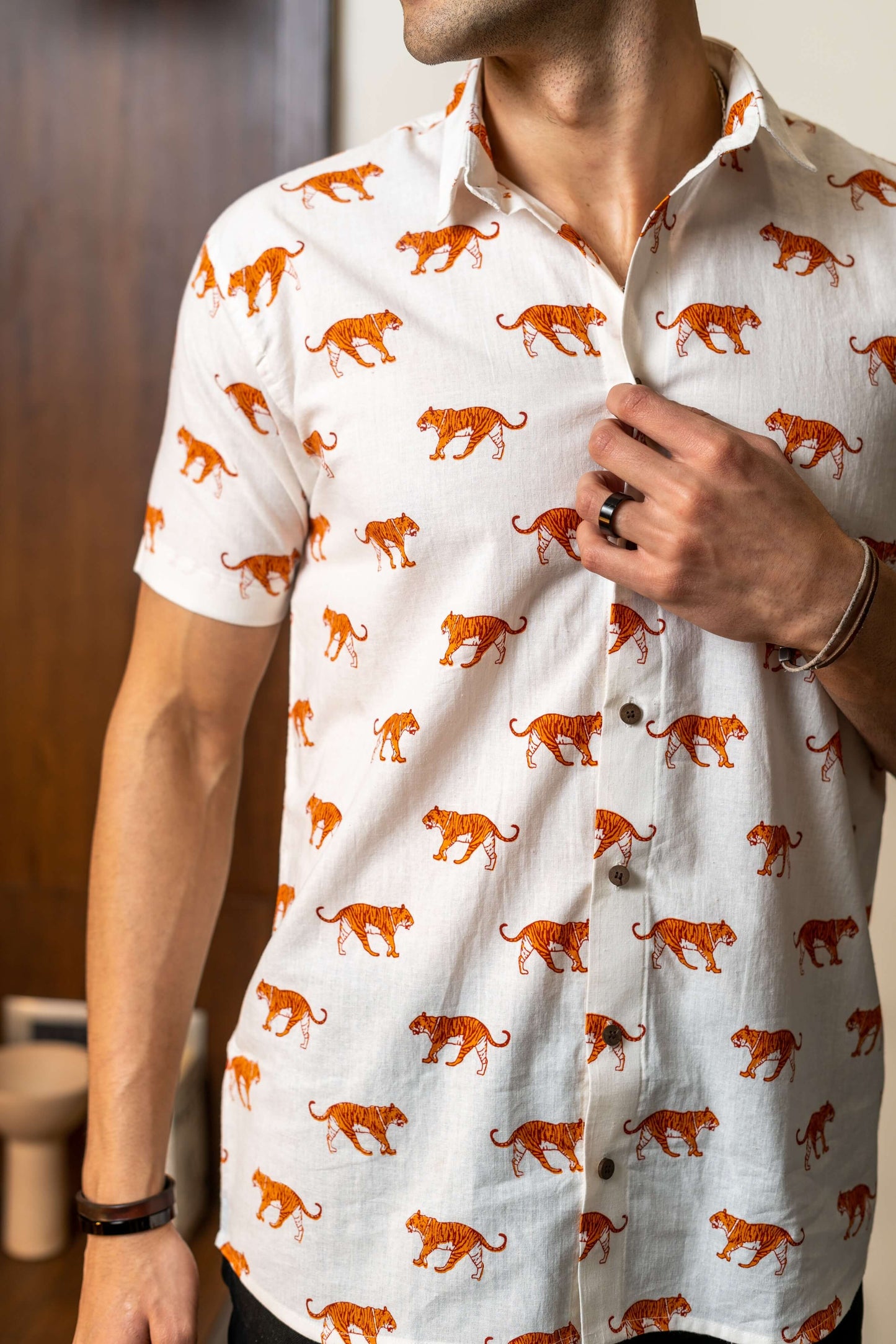 The White Color Tiger Print Shirt (Half Sleeves)