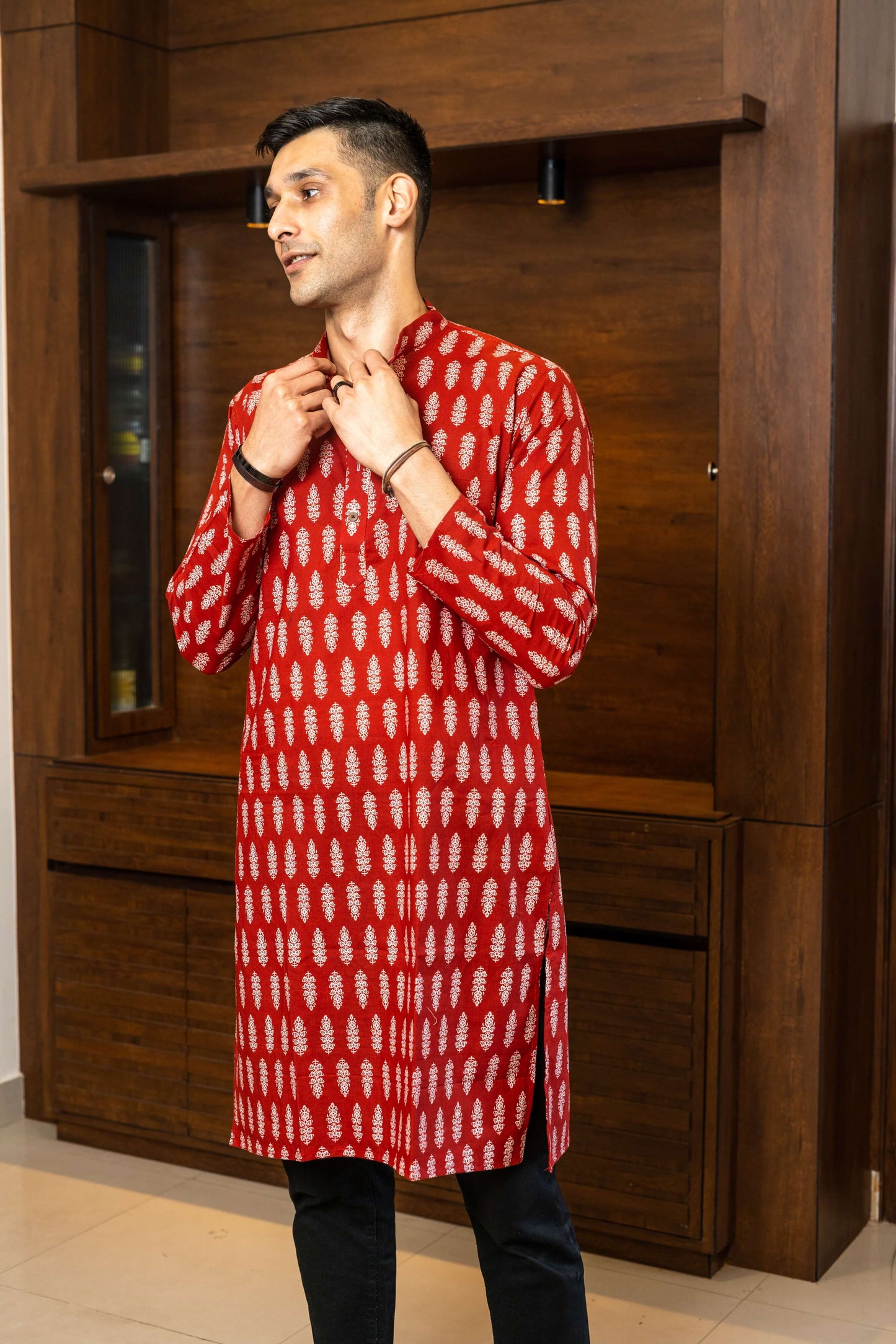 The Red Color White Floral Print Long Kurta