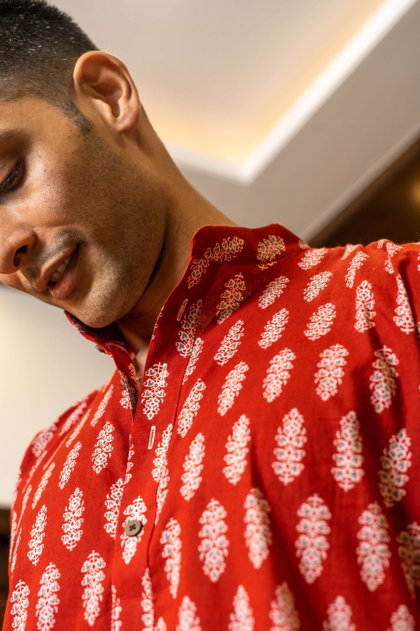 The Red Color White Floral Print Long Kurta