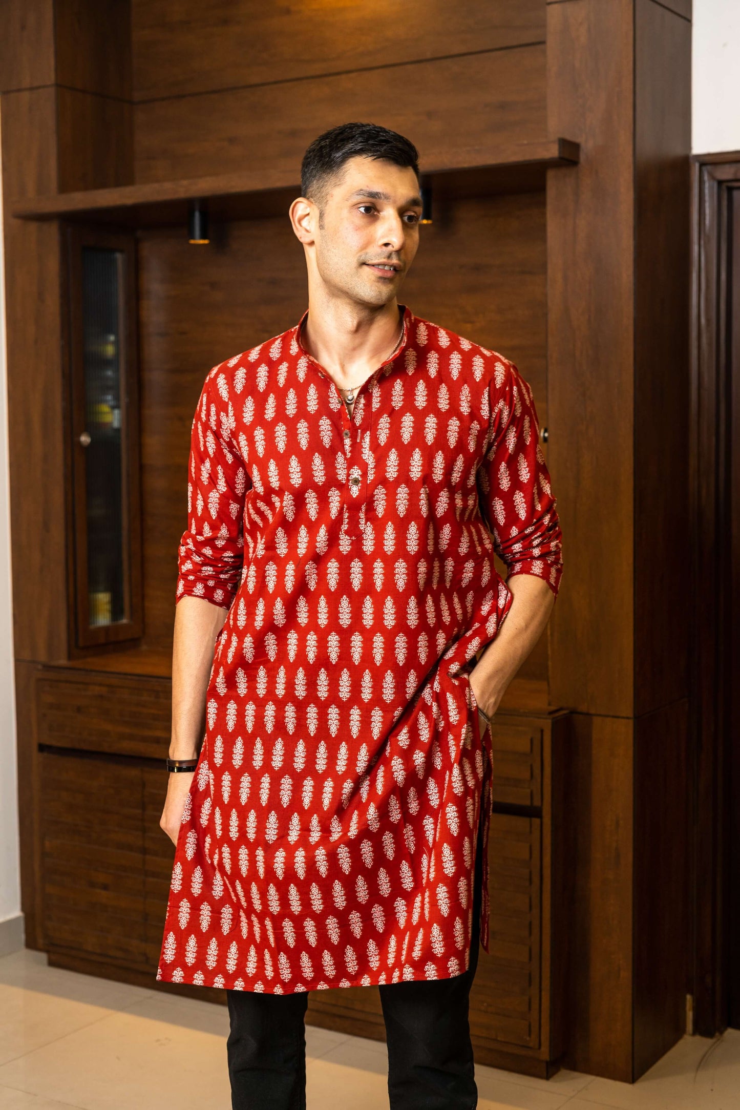 The Red Color White Floral Print Long Kurta