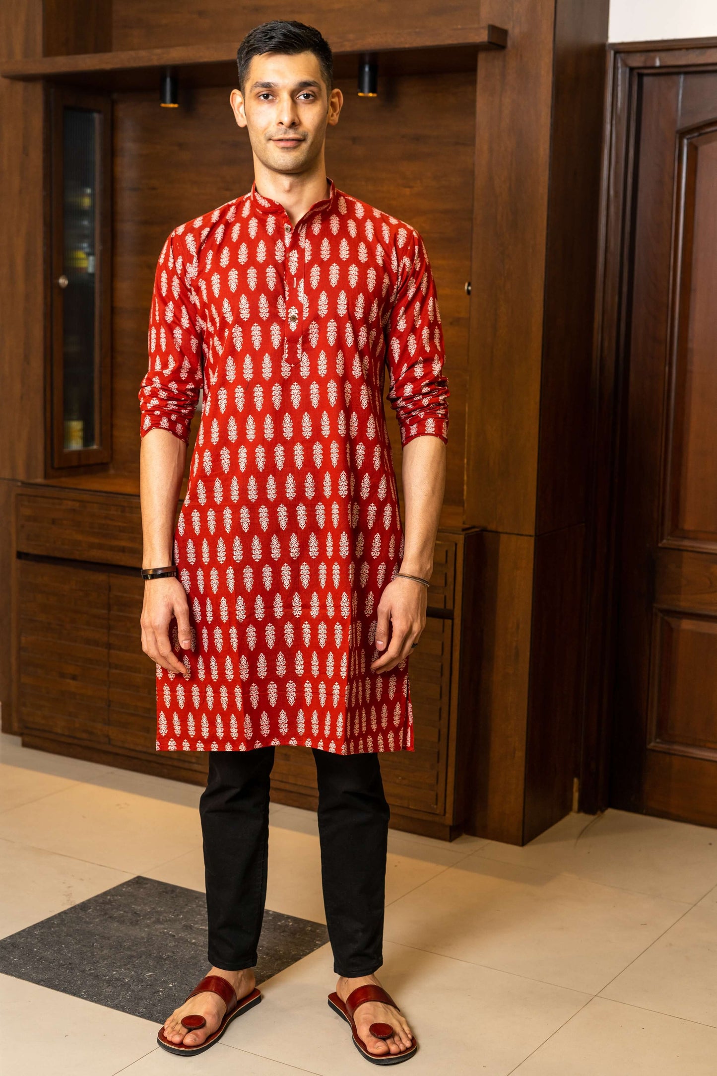 The Red Color White Floral Print Long Kurta