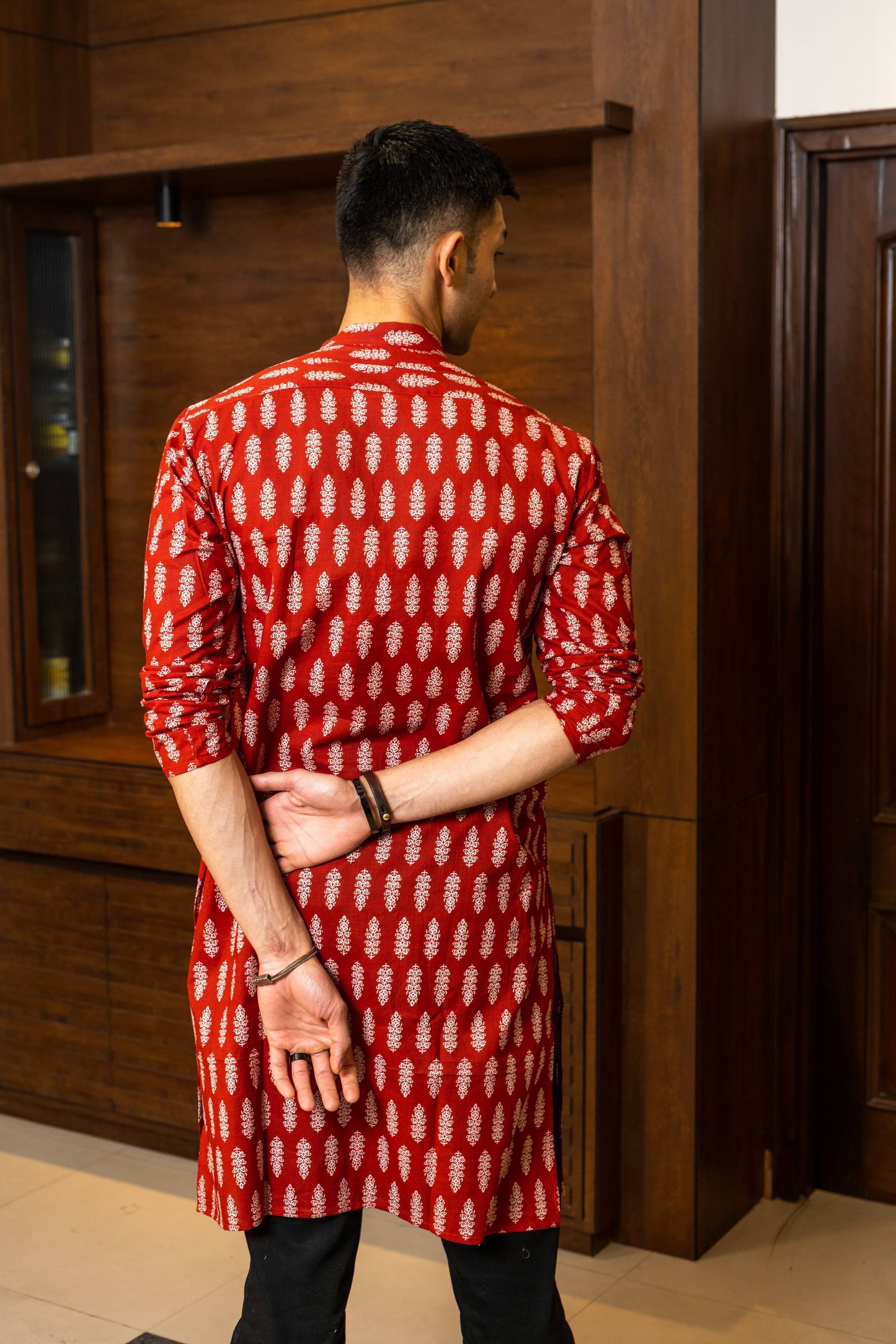 The Red Color White Floral Print Long Kurta