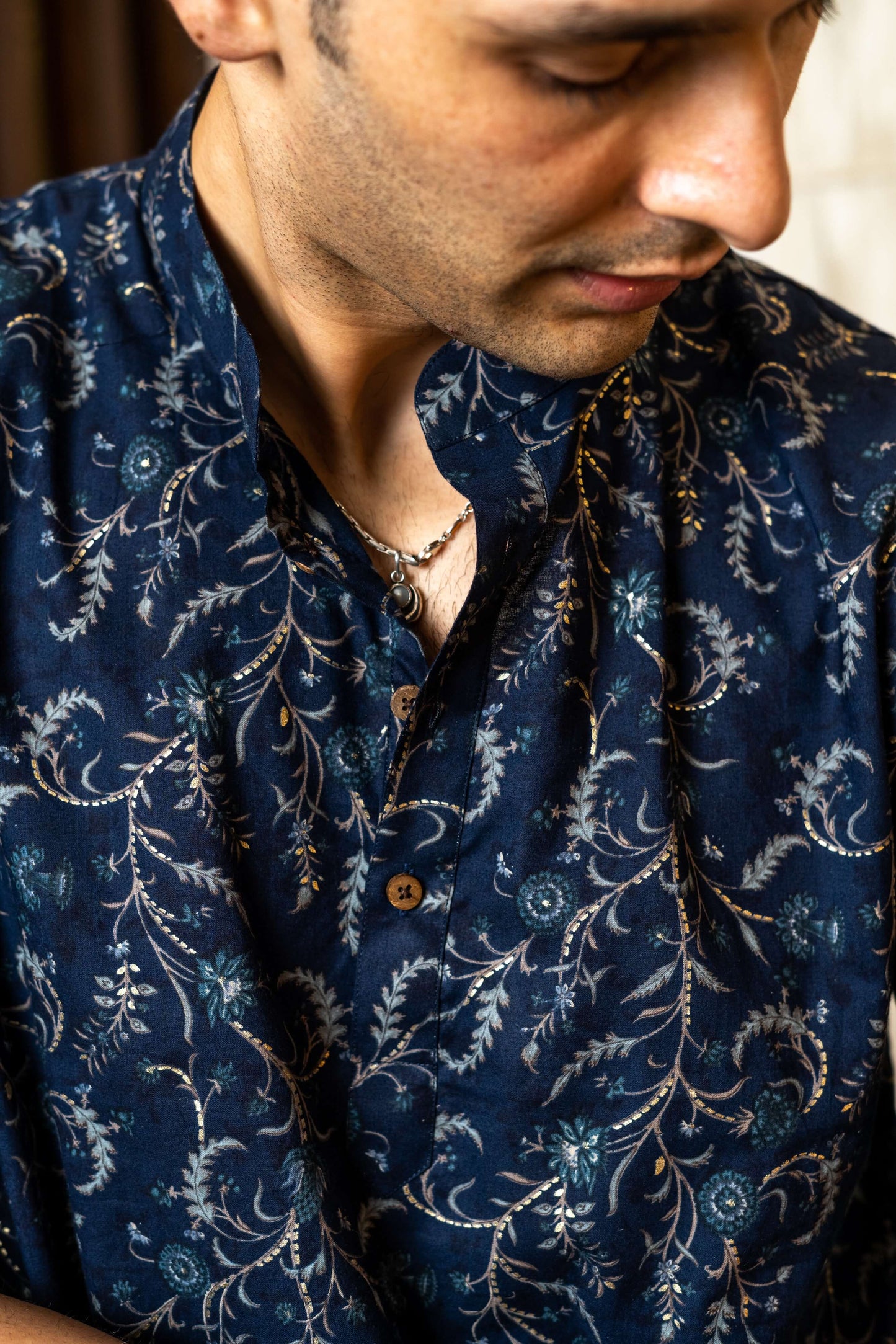 The Muslin Navy Blue Foil Print Long Kurta
