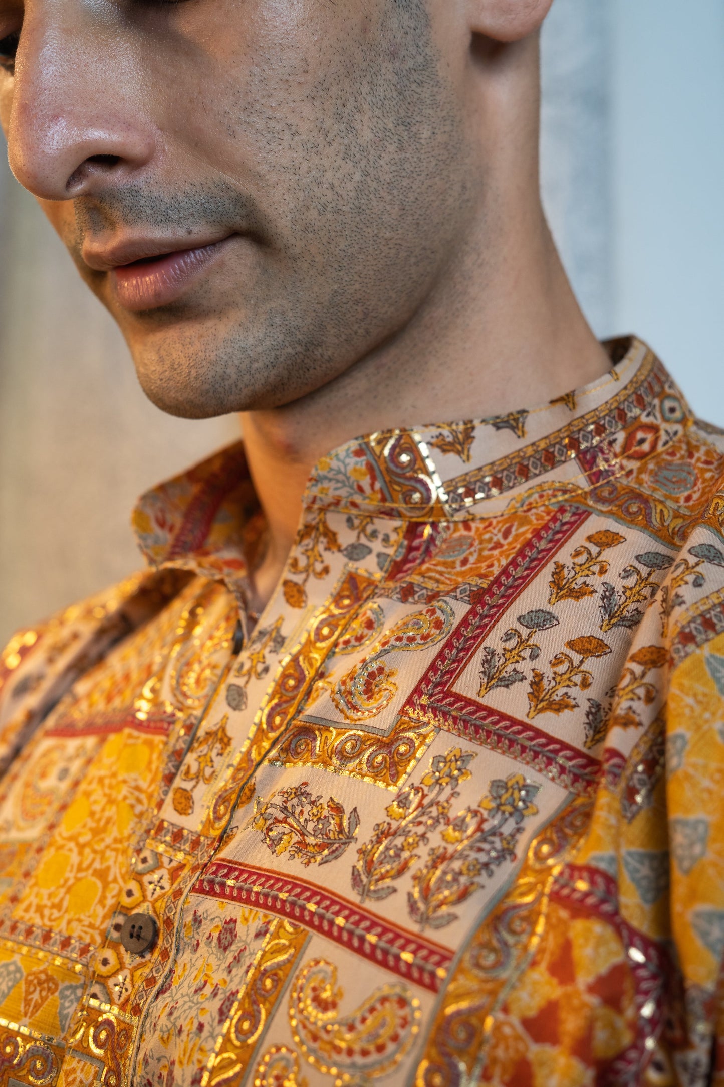The Muslin Yellow Patch Look Foil Print Long Kurta