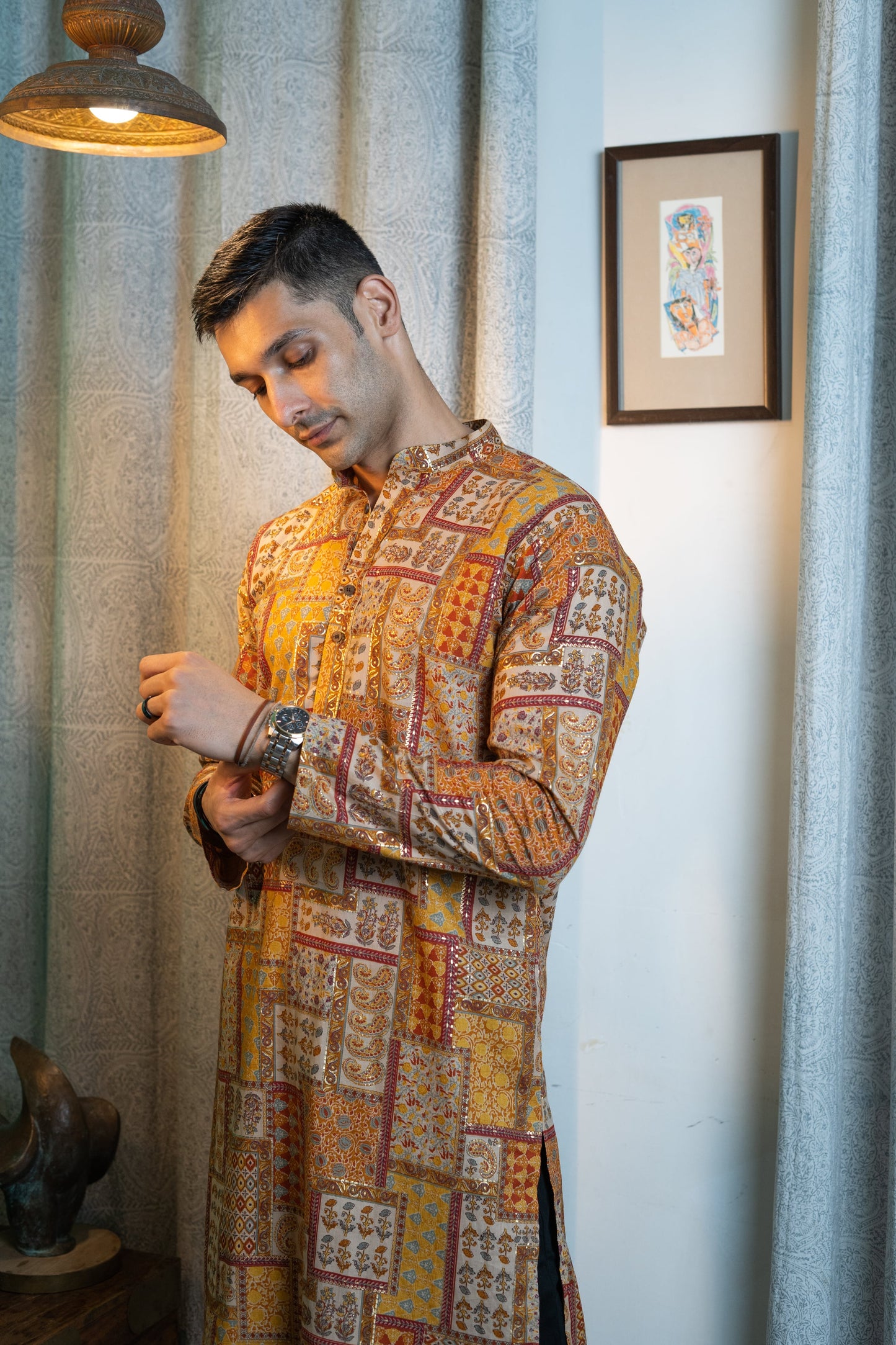 The Muslin Yellow Patch Look Foil Print Long Kurta