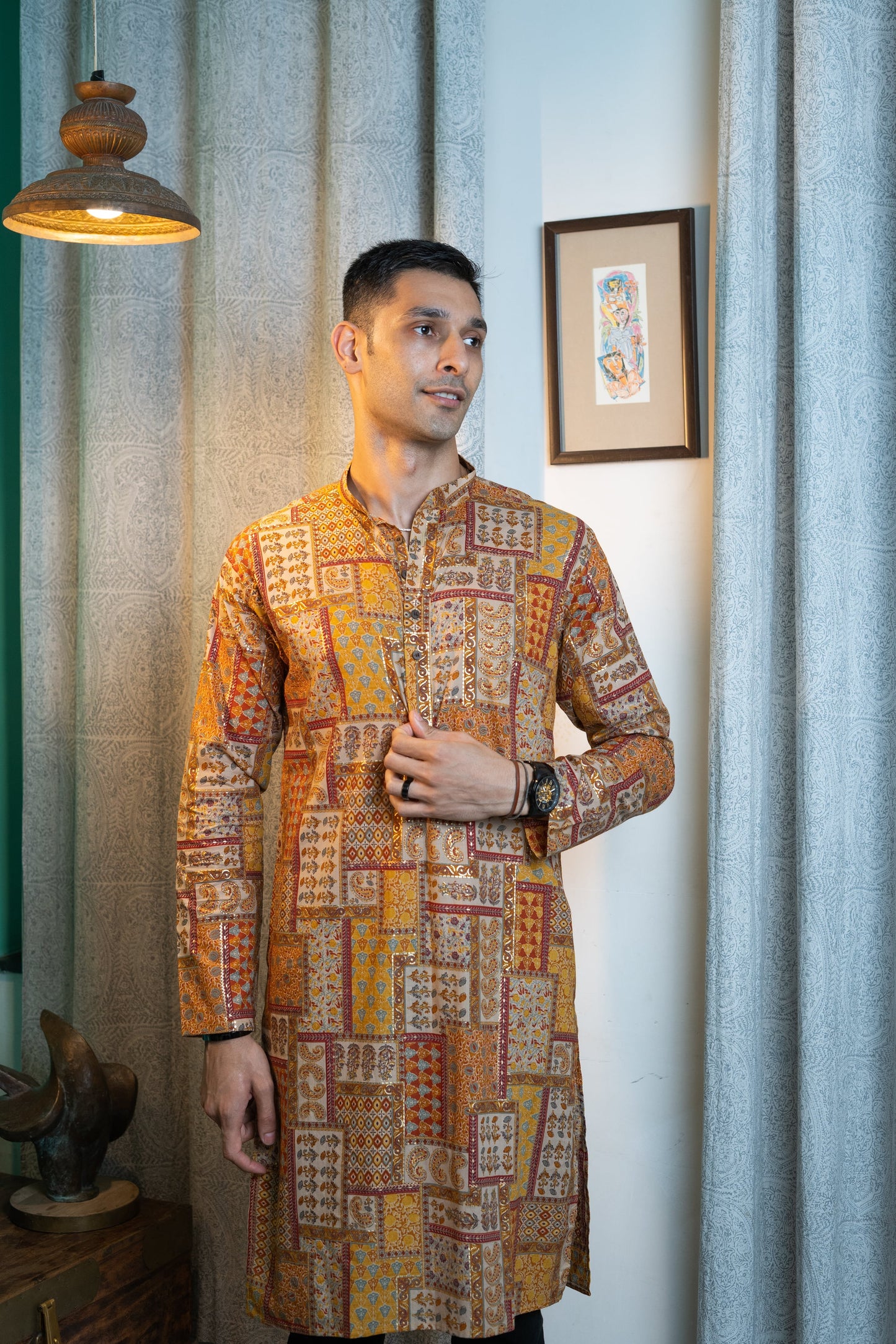 The Muslin Yellow Patch Look Foil Print Long Kurta