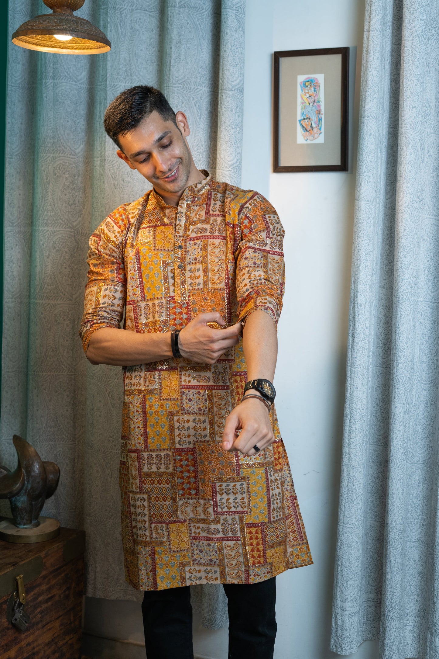 The Muslin Yellow Patch Look Foil Print Long Kurta