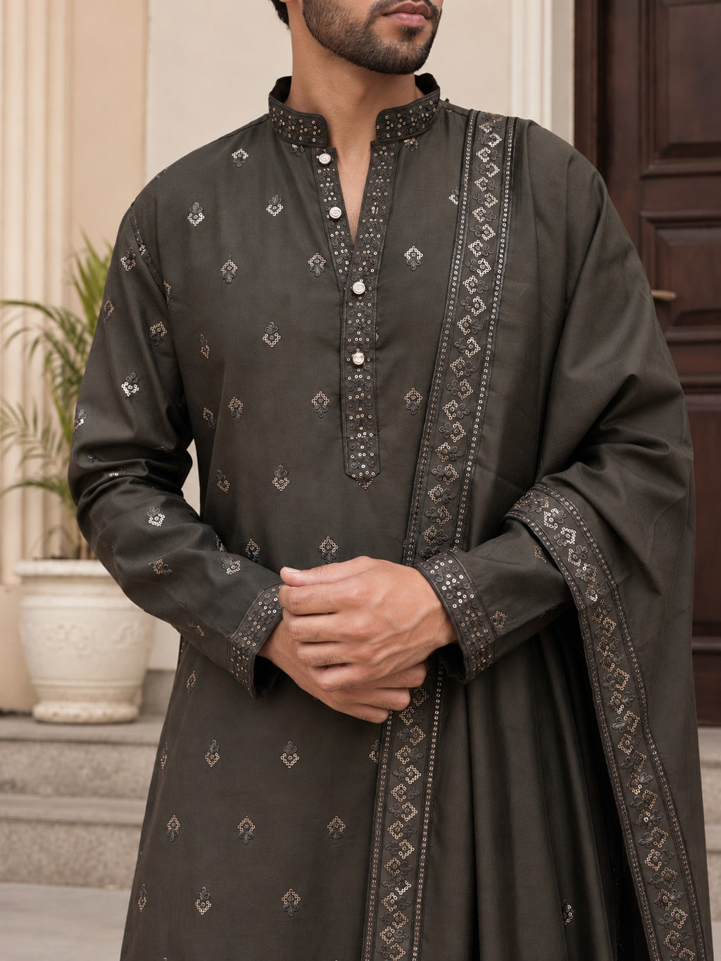 The Chocolate Brown Sequins Embroidered Long Kurta With Dupatta