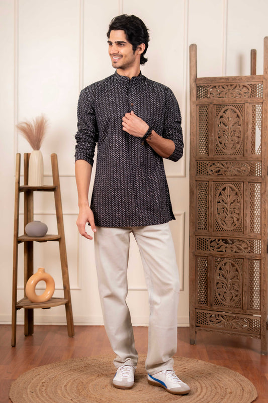 The Smoke Black Striped Short Kurta