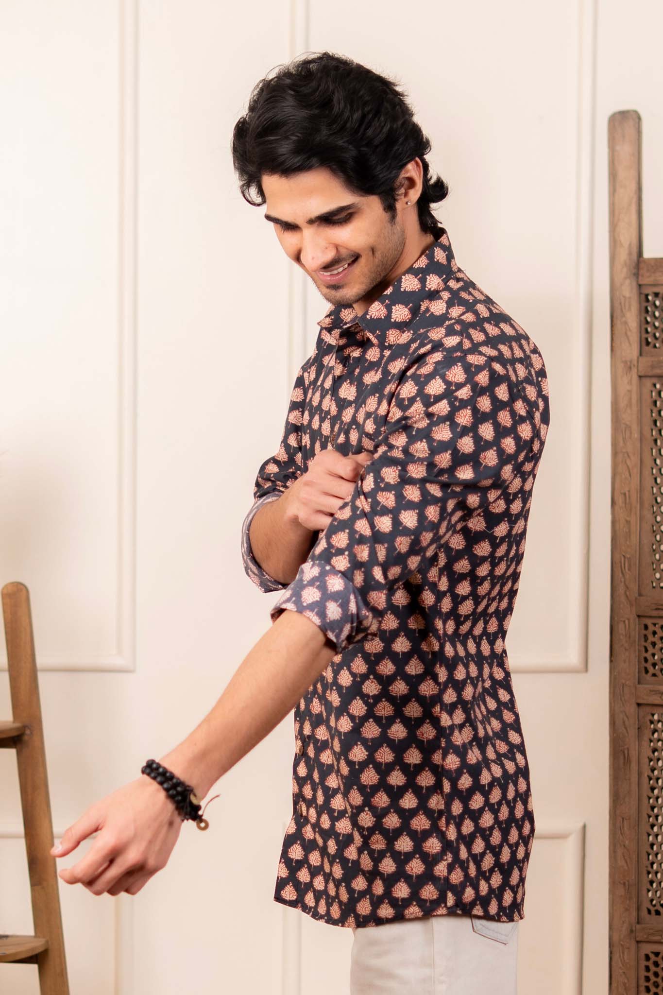 The Fleet Black Leaf Motif Shirt