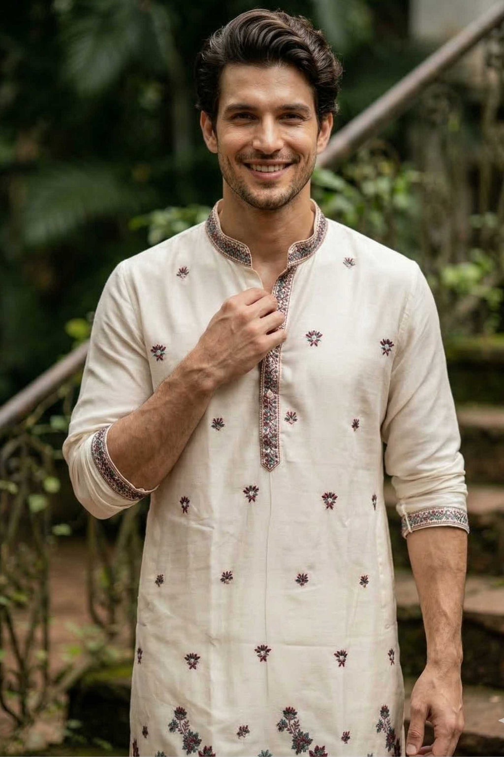 Off White Georgette Classic Floral Embroidery Long Kurta with Dupatta